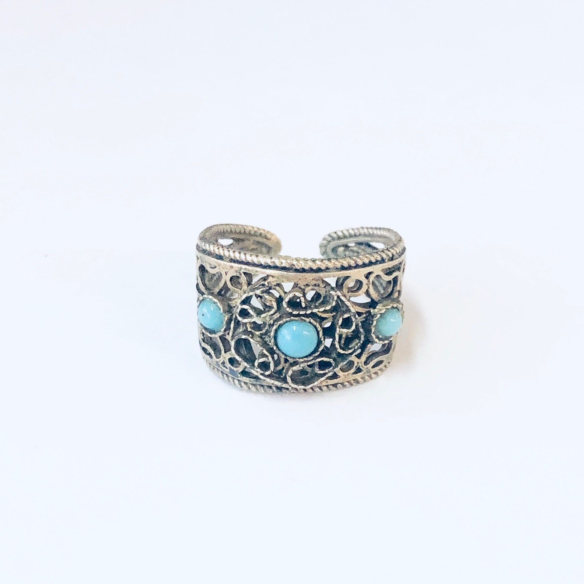 Vintage Ring, Statement Ring, Costume Jewelry, Filagree Ring, Cut out Ring, Adjustable Ring, Vintage Jewelry, Blue Beaded Ring, Turquoise