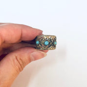 Vintage Ring, Statement Ring, Costume Jewelry, Filagree Ring, Cut out Ring, Adjustable Ring, Vintage Jewelry, Blue Beaded Ring, Turquoise