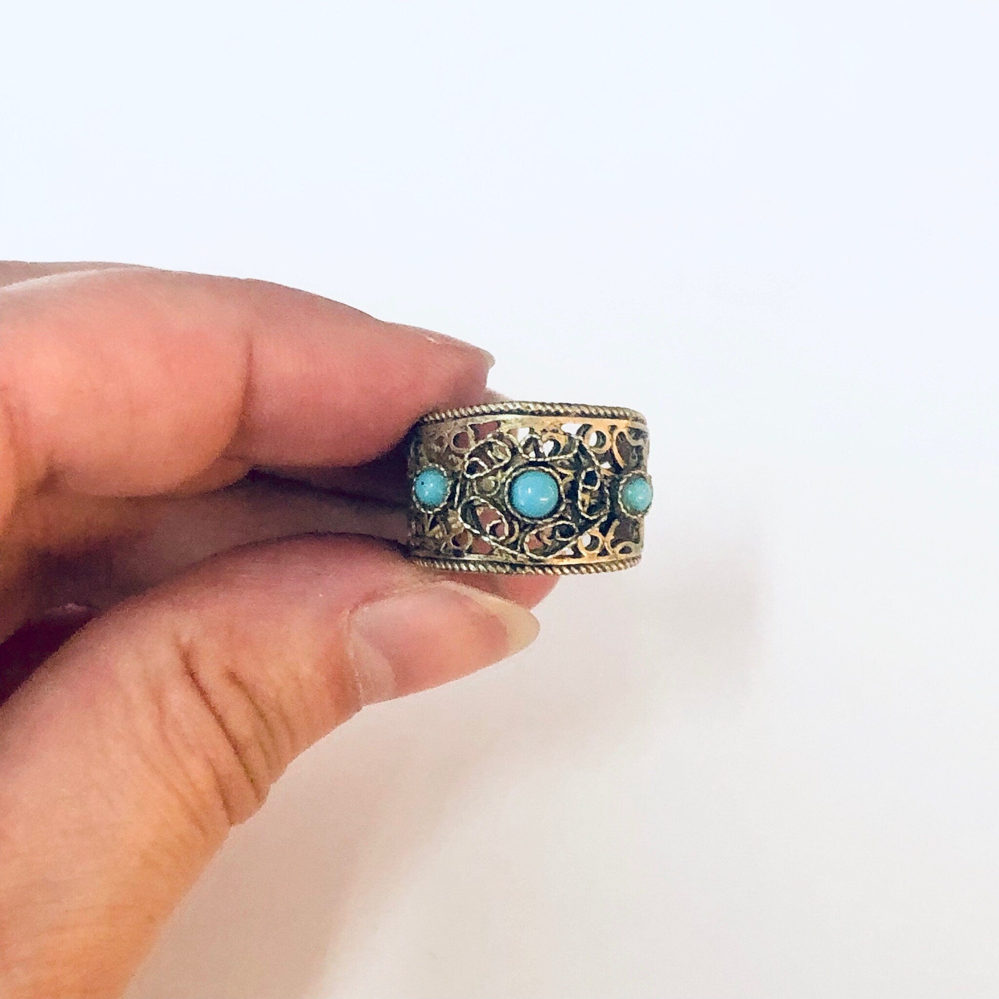 Vintage Ring, Statement Ring, Costume Jewelry, Filagree Ring, Cut out Ring, Adjustable Ring, Vintage Jewelry, Blue Beaded Ring, Turquoise
