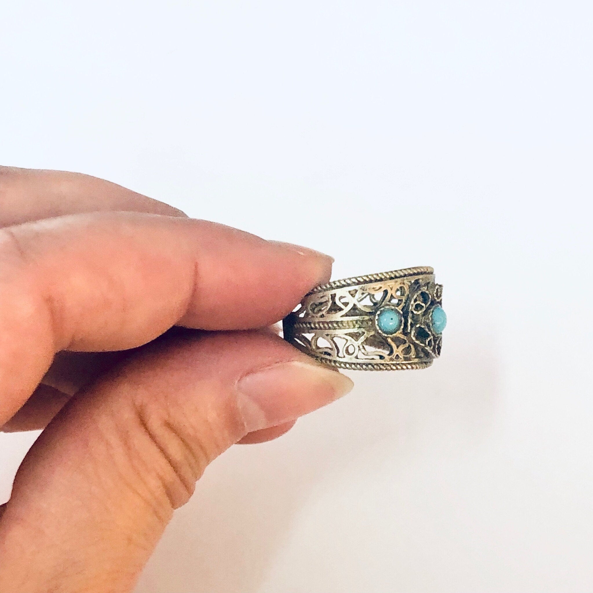 Vintage Ring, Statement Ring, Costume Jewelry, Filagree Ring, Cut out Ring, Adjustable Ring, Vintage Jewelry, Blue Beaded Ring, Turquoise