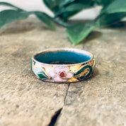Vintage Ring, Cloissone Ring, Enamel Jewelry, Floral Ring, Thin Band Ring, Cloissone Jewelry, Pink Flowers, Flower Ring, Flower Band, Blue