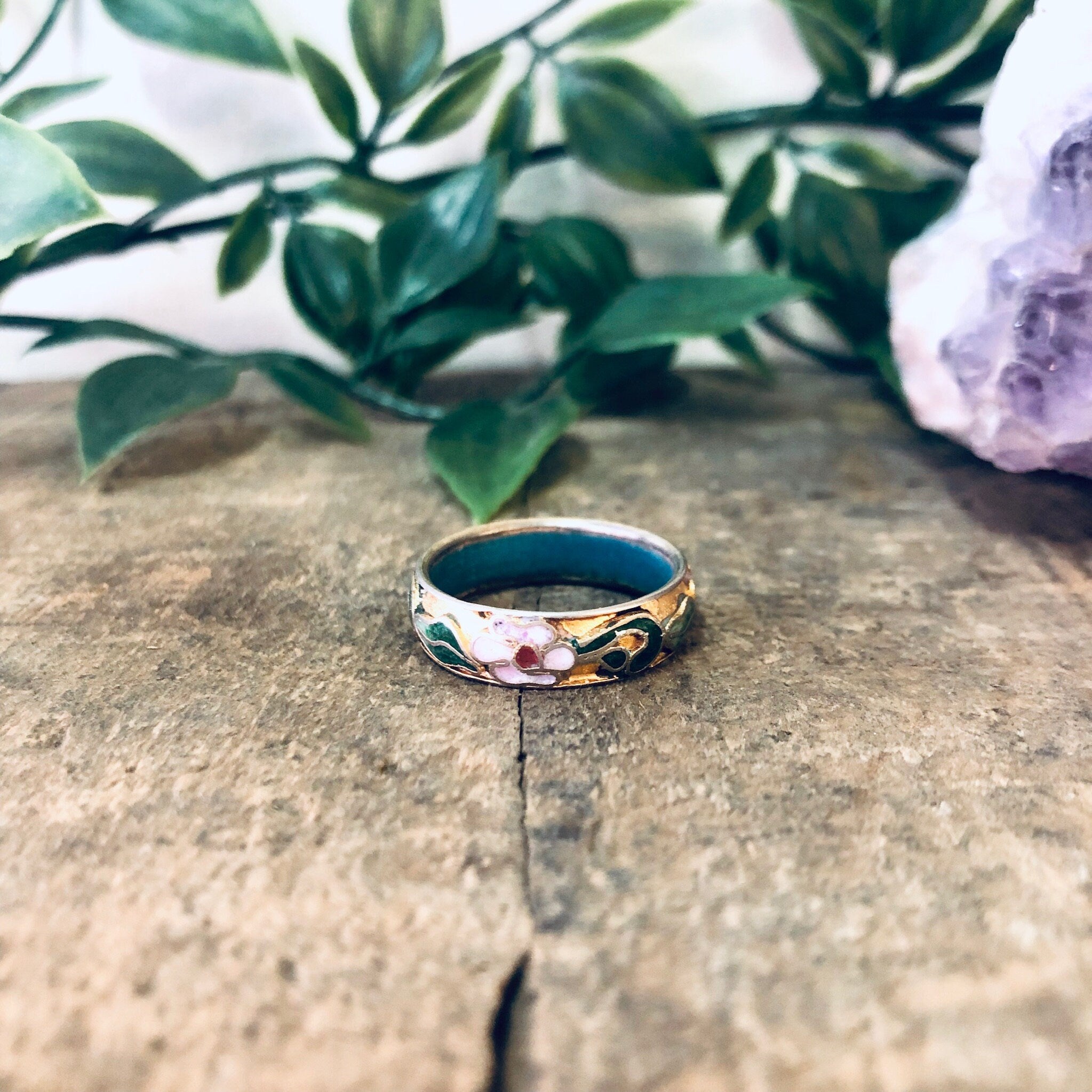 Vintage Ring, Cloissone Ring, Enamel Jewelry, Floral Ring, Thin Band Ring, Cloissone Jewelry, Pink Flowers, Flower Ring, Flower Band, Blue