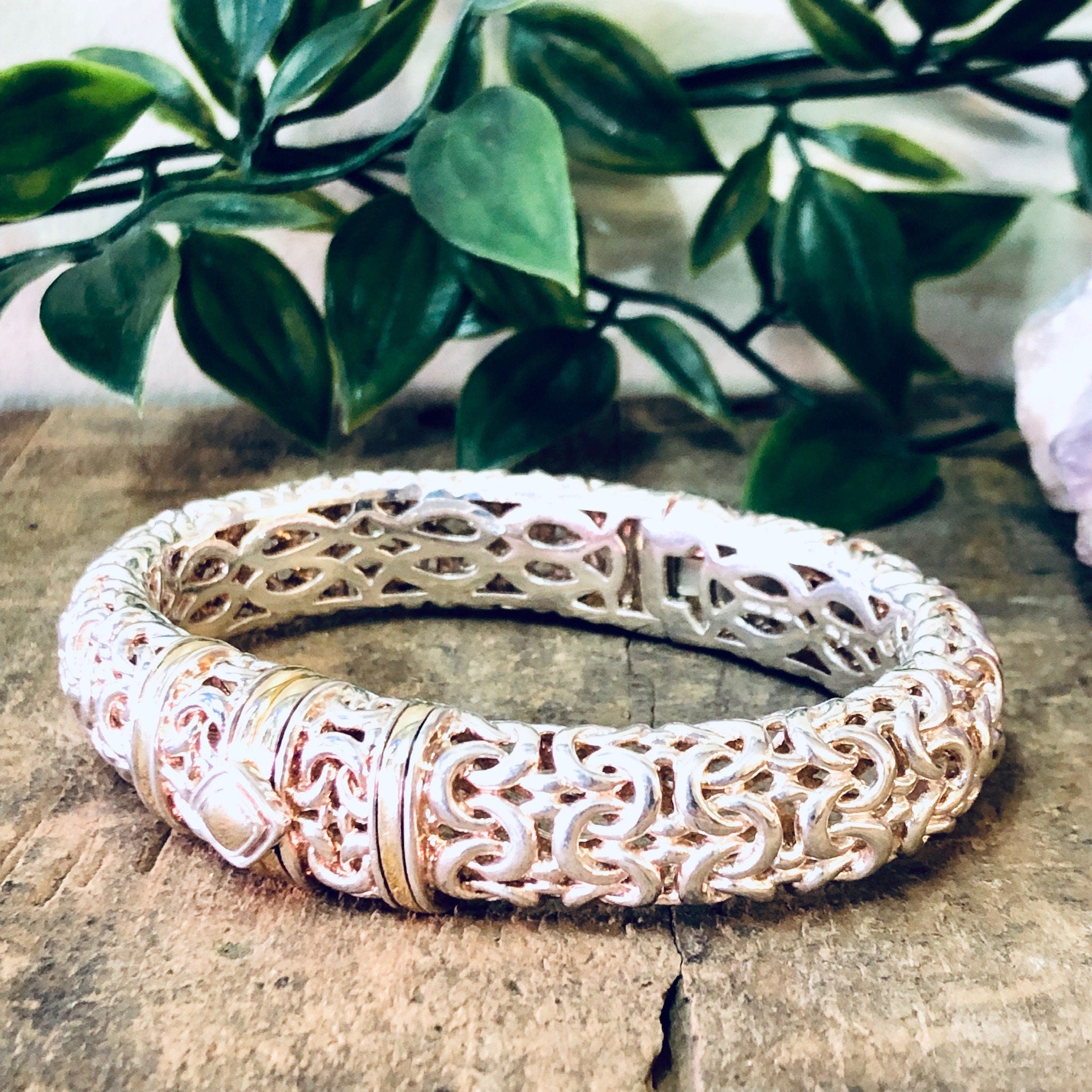 Vintage Bracelet, Silver Bracelet, Bangle Bracelet, Cuff Bracelet, Vintage Jewelry, Gold Accents, Unique Jewelry, Hinged Bangle, Unique 925