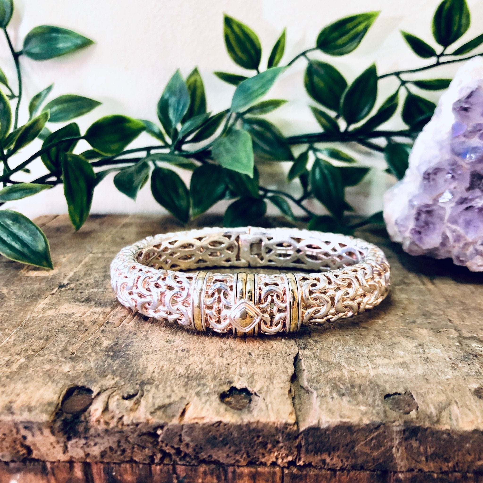 Vintage Bracelet, Silver Bracelet, Bangle Bracelet, Cuff Bracelet, Vintage Jewelry, Gold Accents, Unique Jewelry, Hinged Bangle, Unique 925