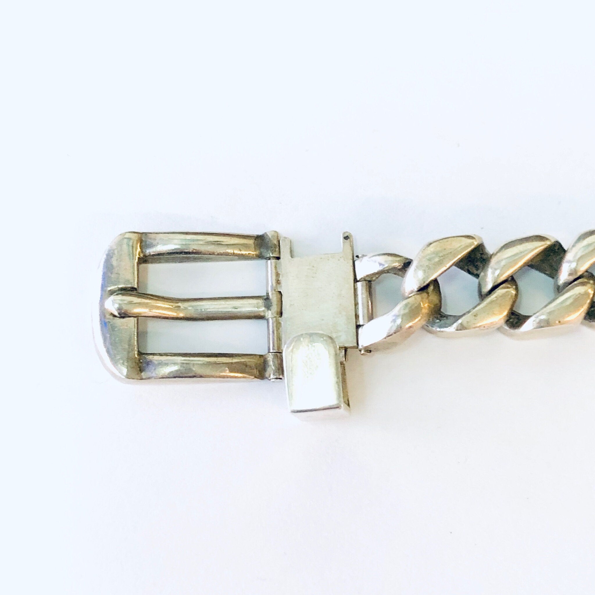 Vintage Bracelet, Silver Bracelet, Cuban Link Belt Bracelet, Buckle Bracelet, Hermes style, Cuban Link Chain, Thick Bracelet, Unique Jewelry