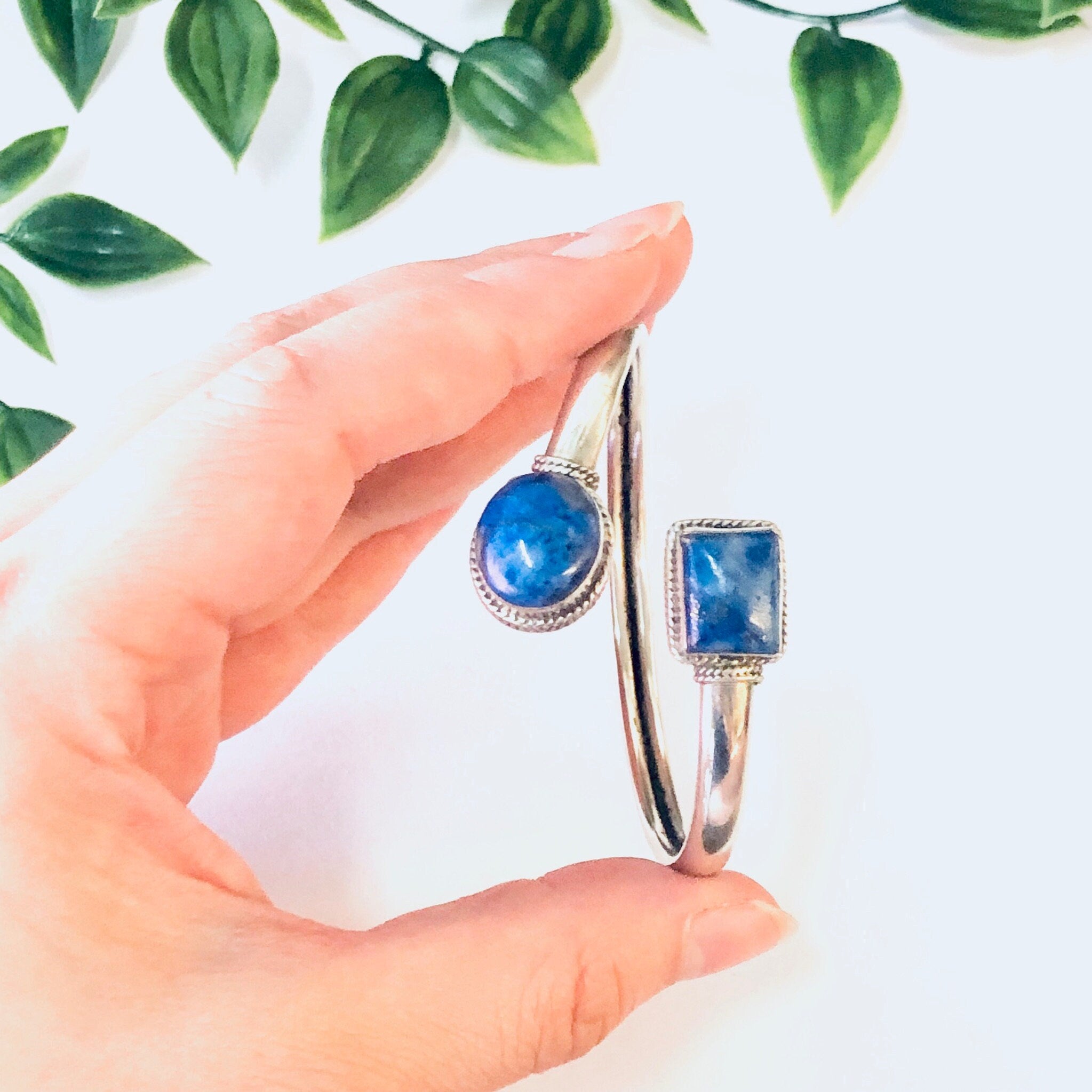 Vintage Bracelet, Bangle Bracelet, Silver bracelet, Blue Lapis Jewelry, Lapis Bangle, Silver Bangle, Blue and Silver, Spiral Cuff, 925 Blue