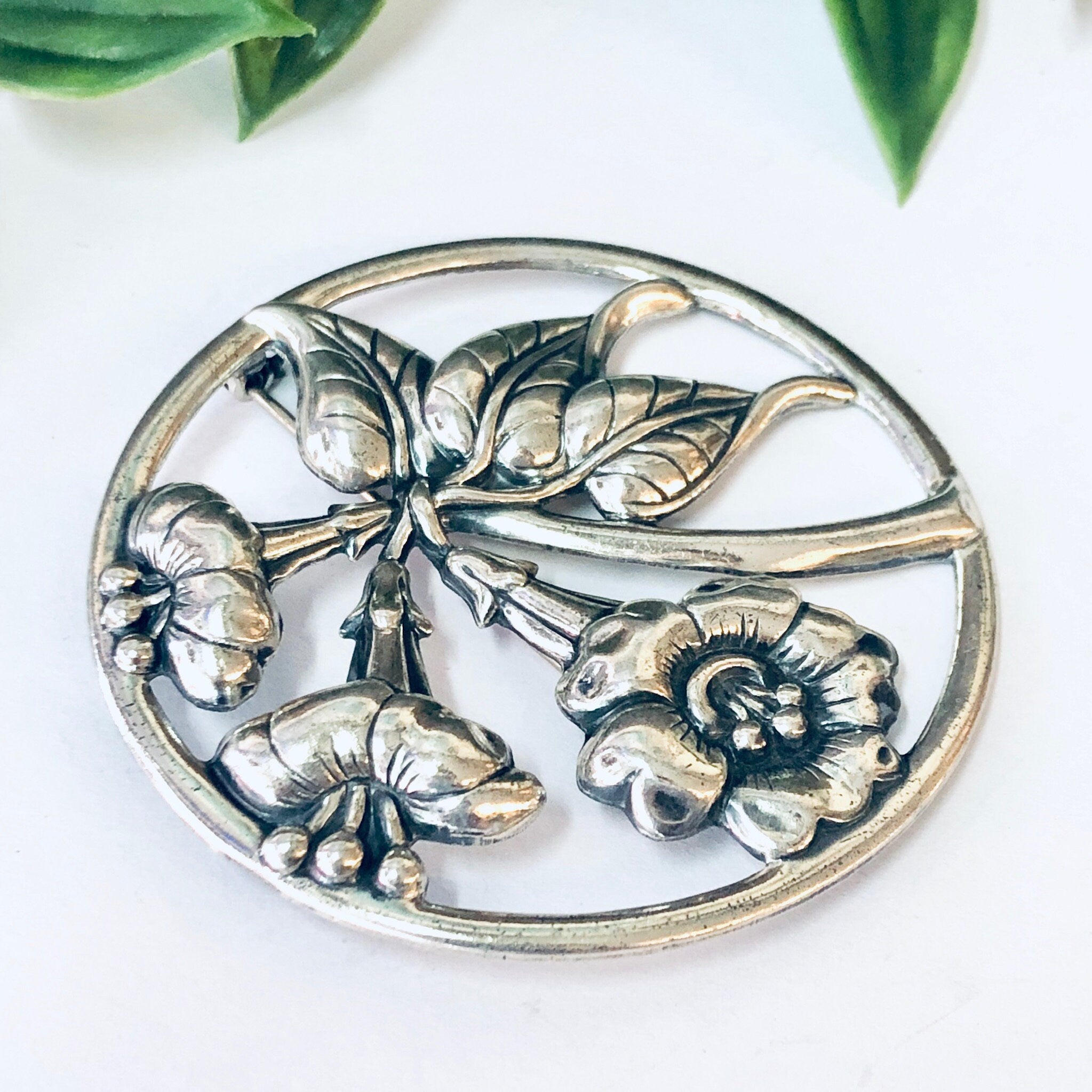 1940s Danecraft Sterling Silver Trumpet Lily Morning Glory Brooch Pin, Danecraft Jewelry, Silver Jewelry, Statement Jewelry, Flower Pin, 925