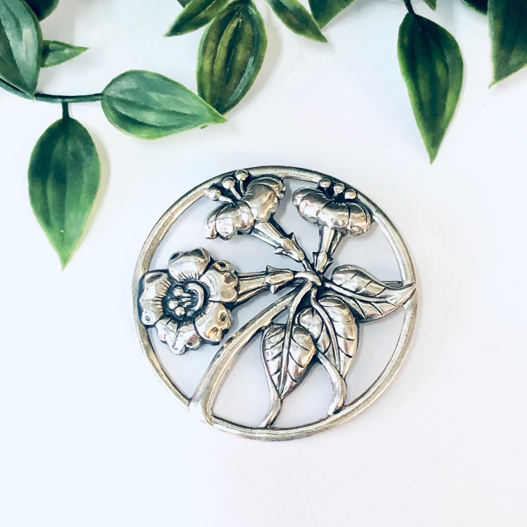 1940s Danecraft Sterling Silver Trumpet Lily Morning Glory Brooch Pin, Danecraft Jewelry, Silver Jewelry, Statement Jewelry, Flower Pin, 925
