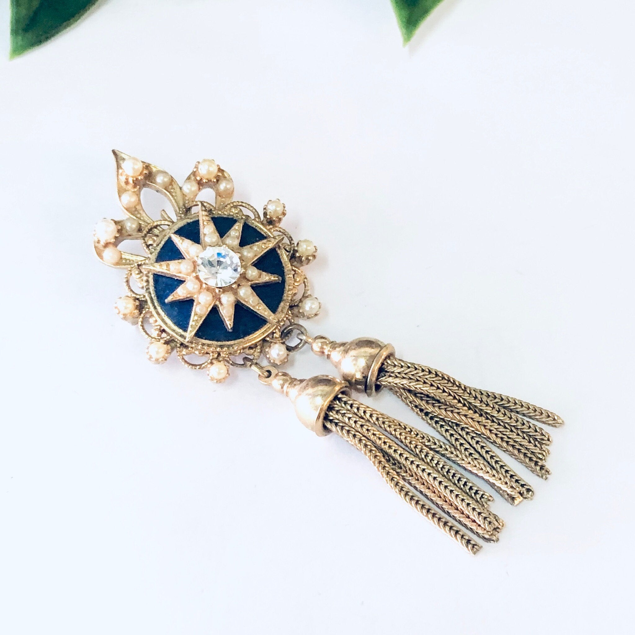 Vintage Brooch, Gold Toned Brooch, Starburst Design, Tassel Pin, Vintage Pin, Statement Jewelry, Dangling Brooch, Vintage Jewelry, Blue,