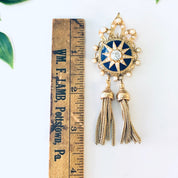 Vintage Brooch, Gold Toned Brooch, Starburst Design, Tassel Pin, Vintage Pin, Statement Jewelry, Dangling Brooch, Vintage Jewelry, Blue,