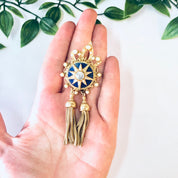 Vintage Brooch, Gold Toned Brooch, Starburst Design, Tassel Pin, Vintage Pin, Statement Jewelry, Dangling Brooch, Vintage Jewelry, Blue,