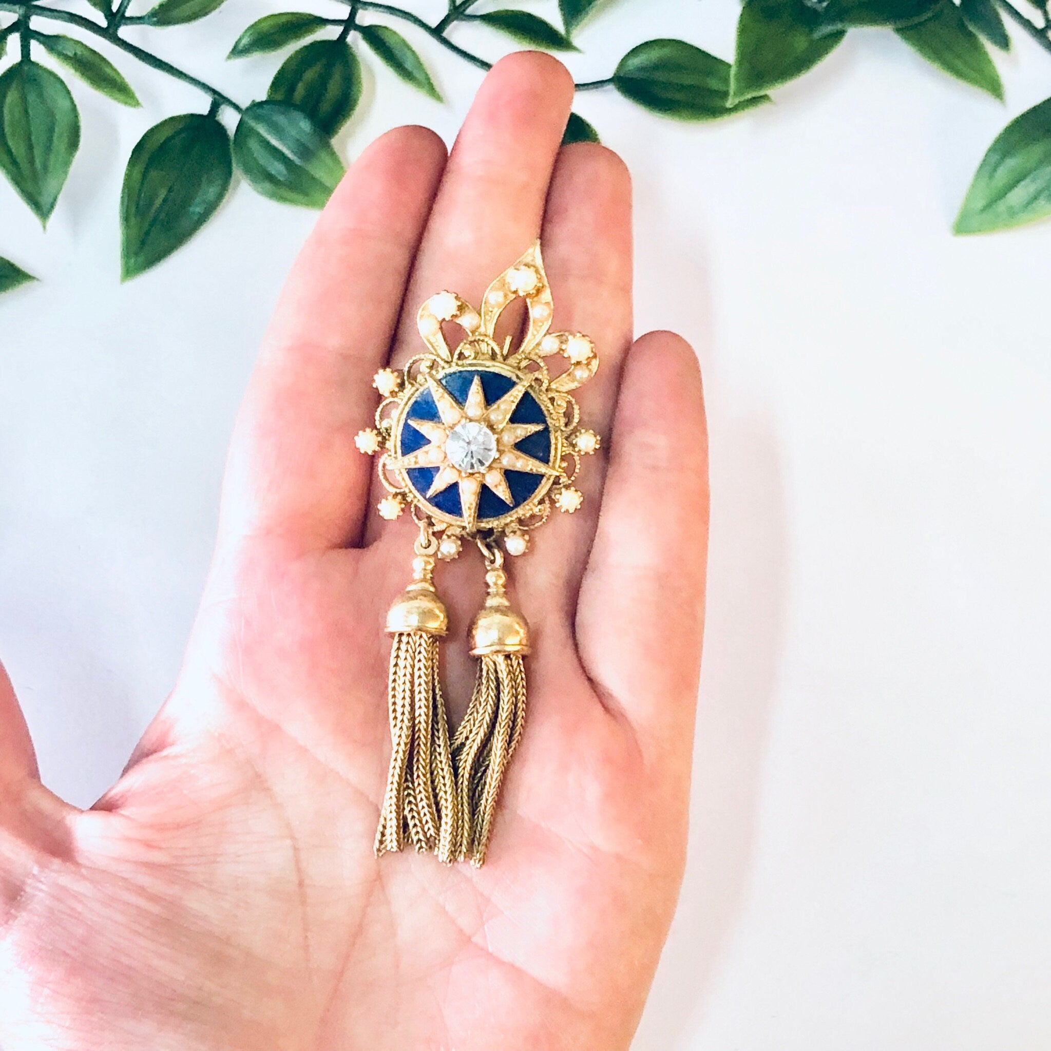 Vintage Brooch, Gold Toned Brooch, Starburst Design, Tassel Pin, Vintage Pin, Statement Jewelry, Dangling Brooch, Vintage Jewelry, Blue,