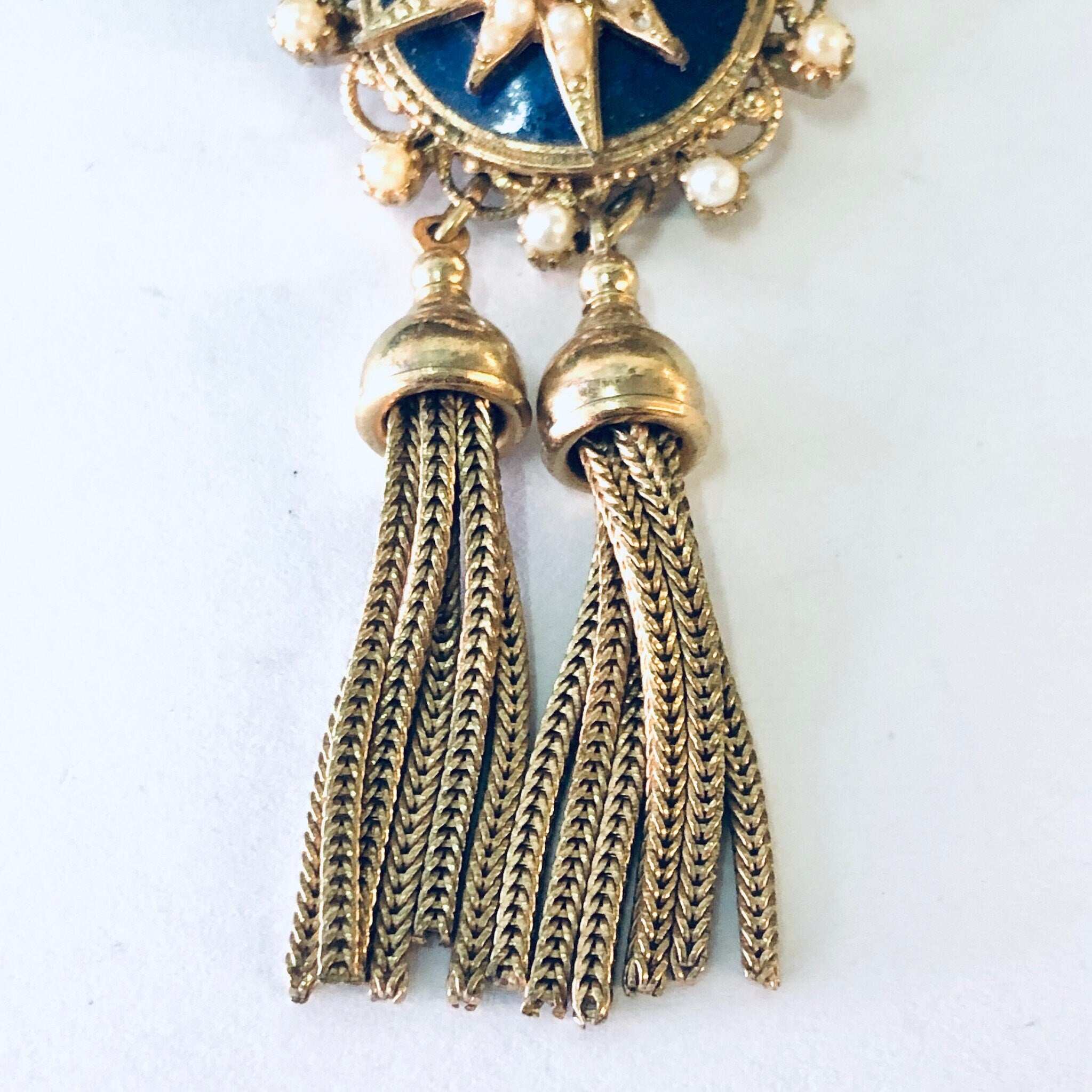 Vintage Brooch, Gold Toned Brooch, Starburst Design, Tassel Pin, Vintage Pin, Statement Jewelry, Dangling Brooch, Vintage Jewelry, Blue,