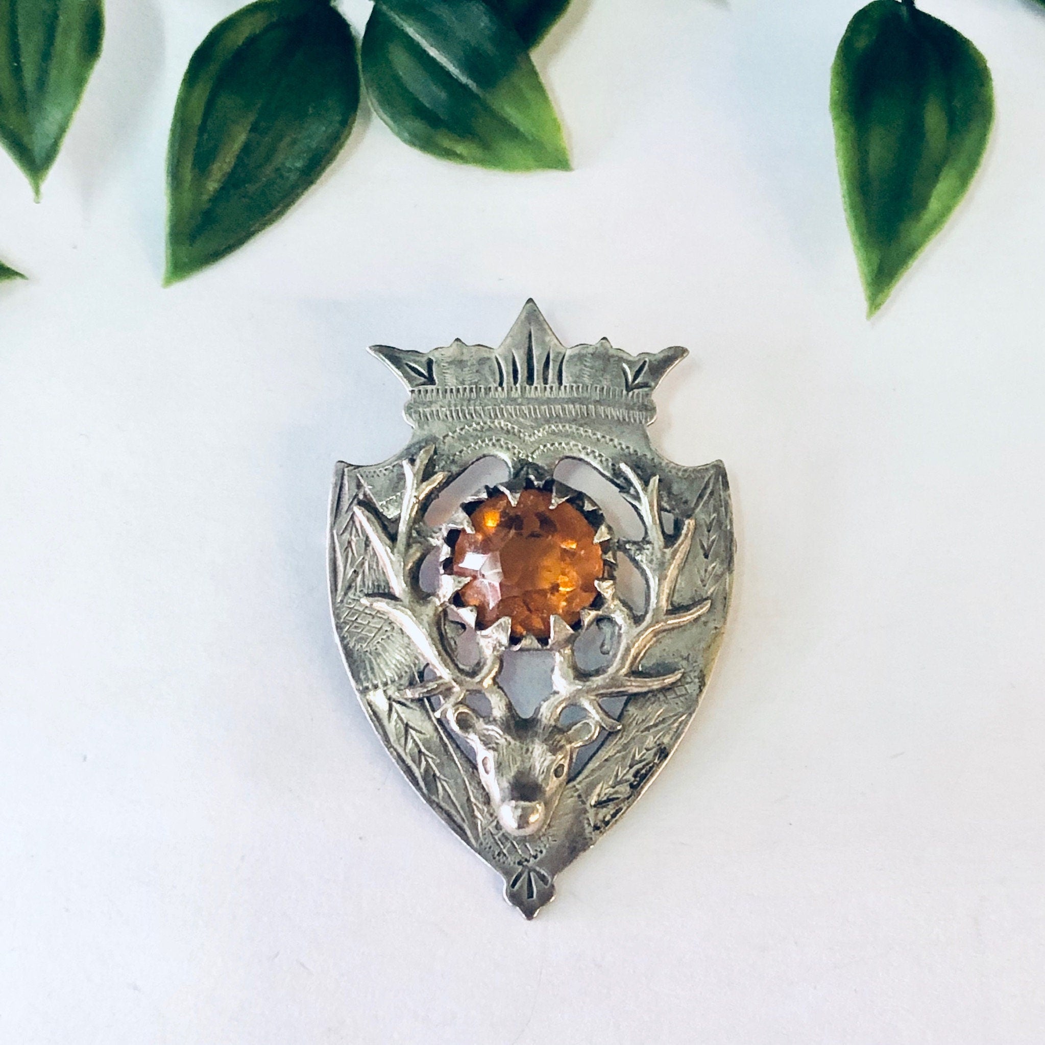 Vintage Brooch, Vintage Pendant, Crest Design, Deer Pin, Deer Jewelry, Hunters Brooch, Antler Brooch, Orange Stone, Costume Jewelry, Unique