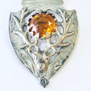 Vintage Brooch, Vintage Pendant, Crest Design, Deer Pin, Deer Jewelry, Hunters Brooch, Antler Brooch, Orange Stone, Costume Jewelry, Unique