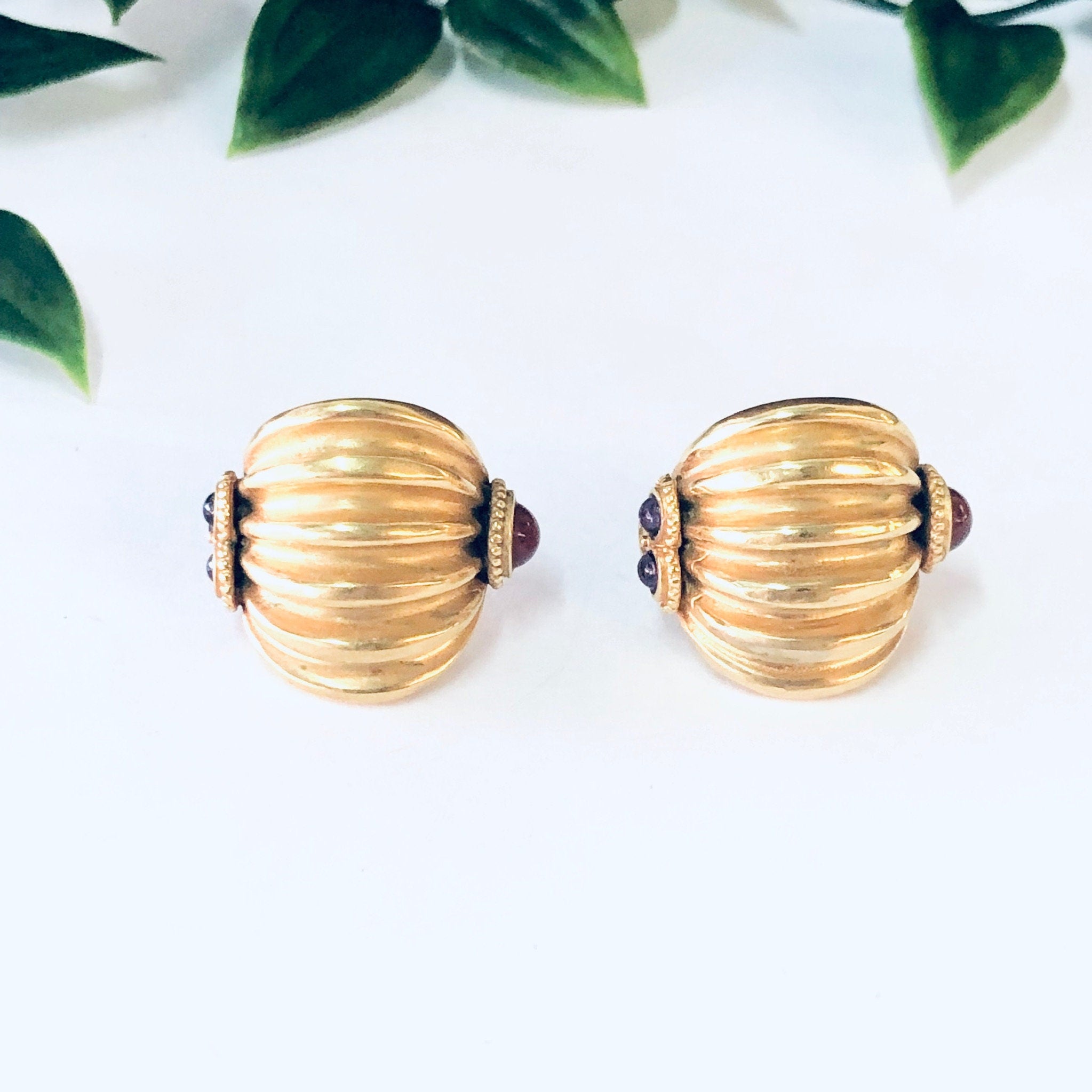 Vintage Earrings, Gold Toned Earrings, Beaded Earrings, Purple Earrings, Red Earrings, Pierced Ears, Vintage Jewelry, Dangle Earrings,