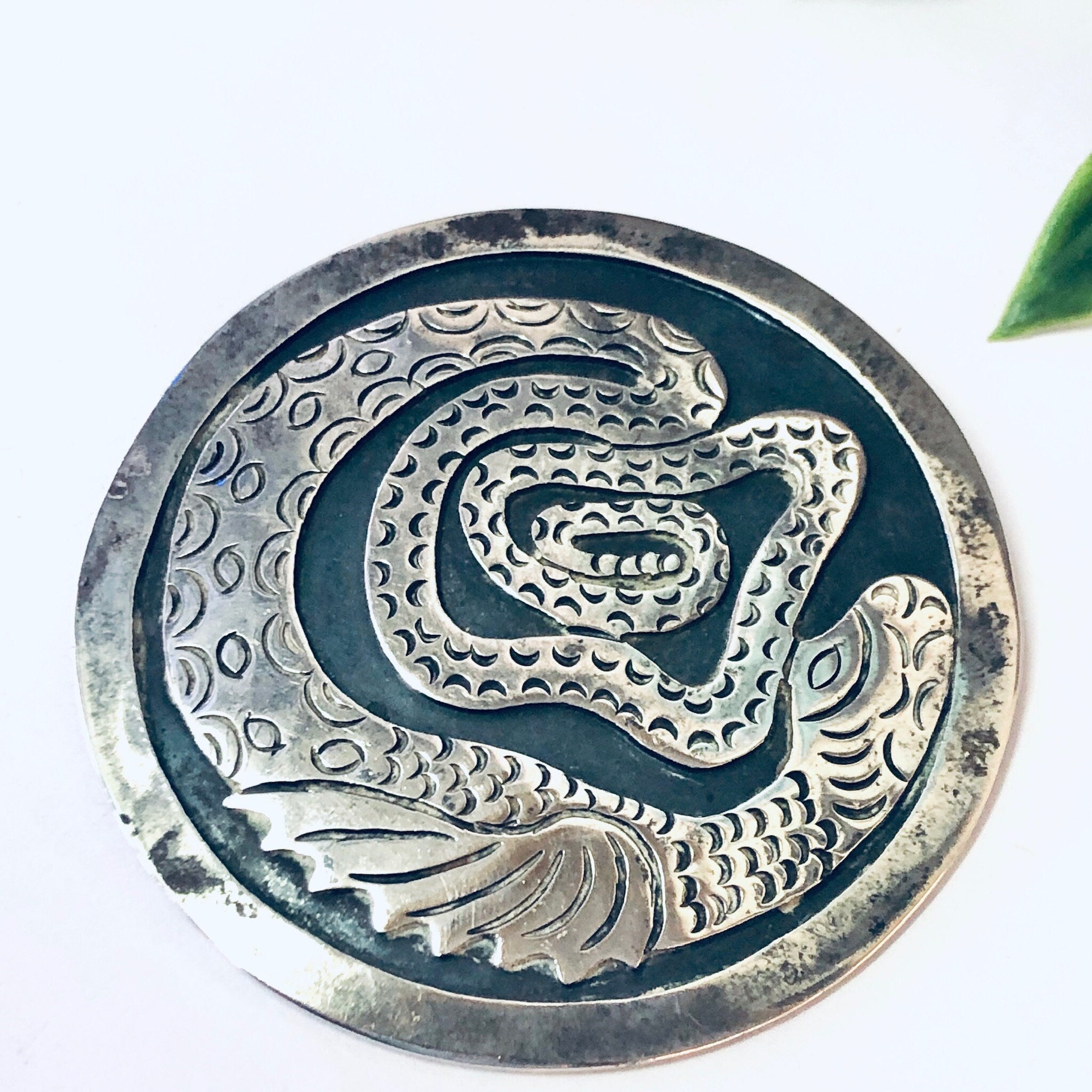 Vintage Pendant, Silver Pendant, Snake Jewelry, Dragon Jewelry, Large Pendant, Vintage Necklace, Unique Jewelry, Round Pendant, 925 Pendant