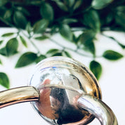 Vintage sterling silver baby rattle by Lunt, nestled in greenery, reflecting light. A collectible silver baby toy and decor piece.