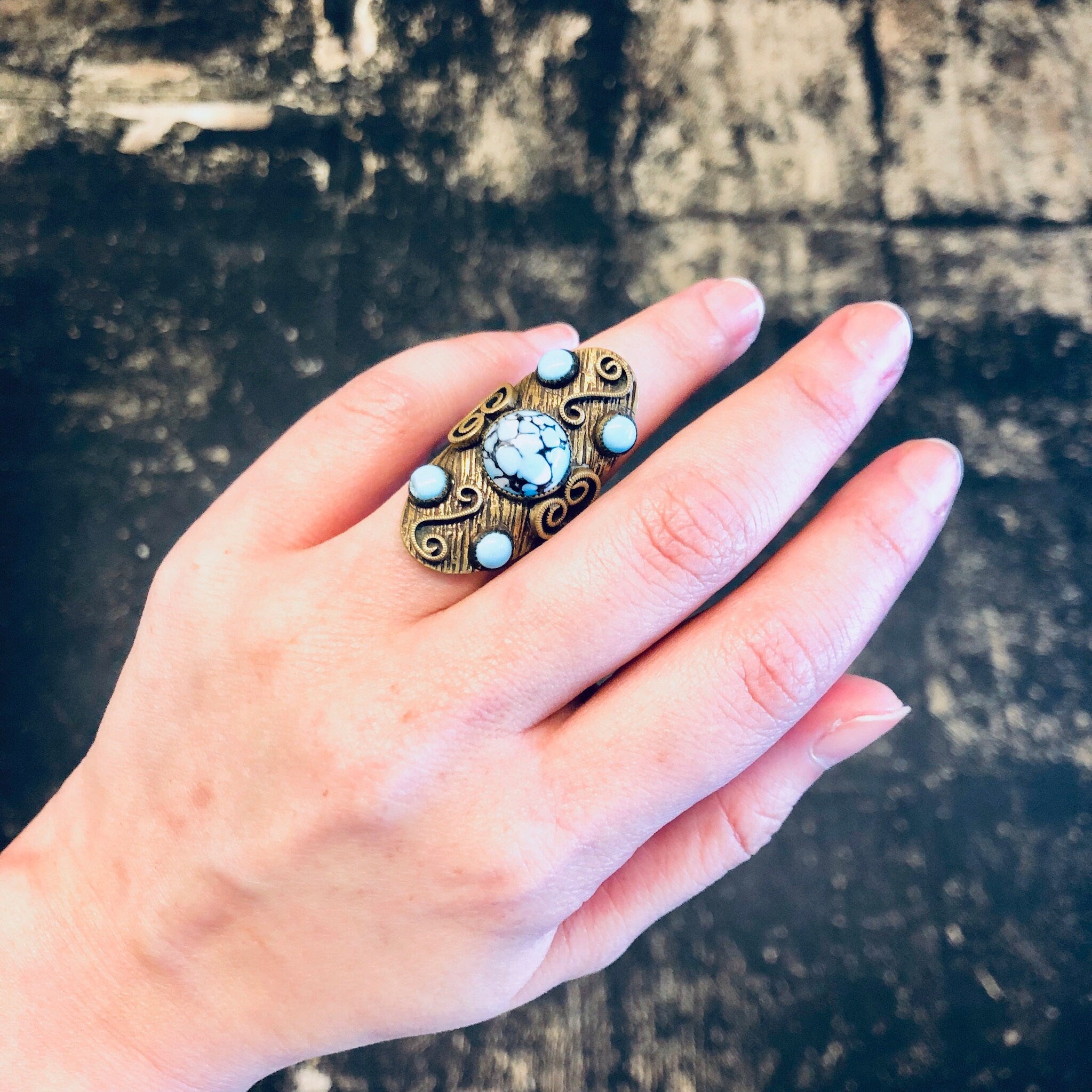 Vintage Ring, Statement Jewelry, Turquoise Jewelry, Brass Ring, Costume Jewelry, Unique Ring, Large Ring, Gold and Blue, Brass Toned Ring,