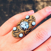 Vintage Ring, Statement Jewelry, Turquoise Jewelry, Brass Ring, Costume Jewelry, Unique Ring, Large Ring, Gold and Blue, Brass Toned Ring,