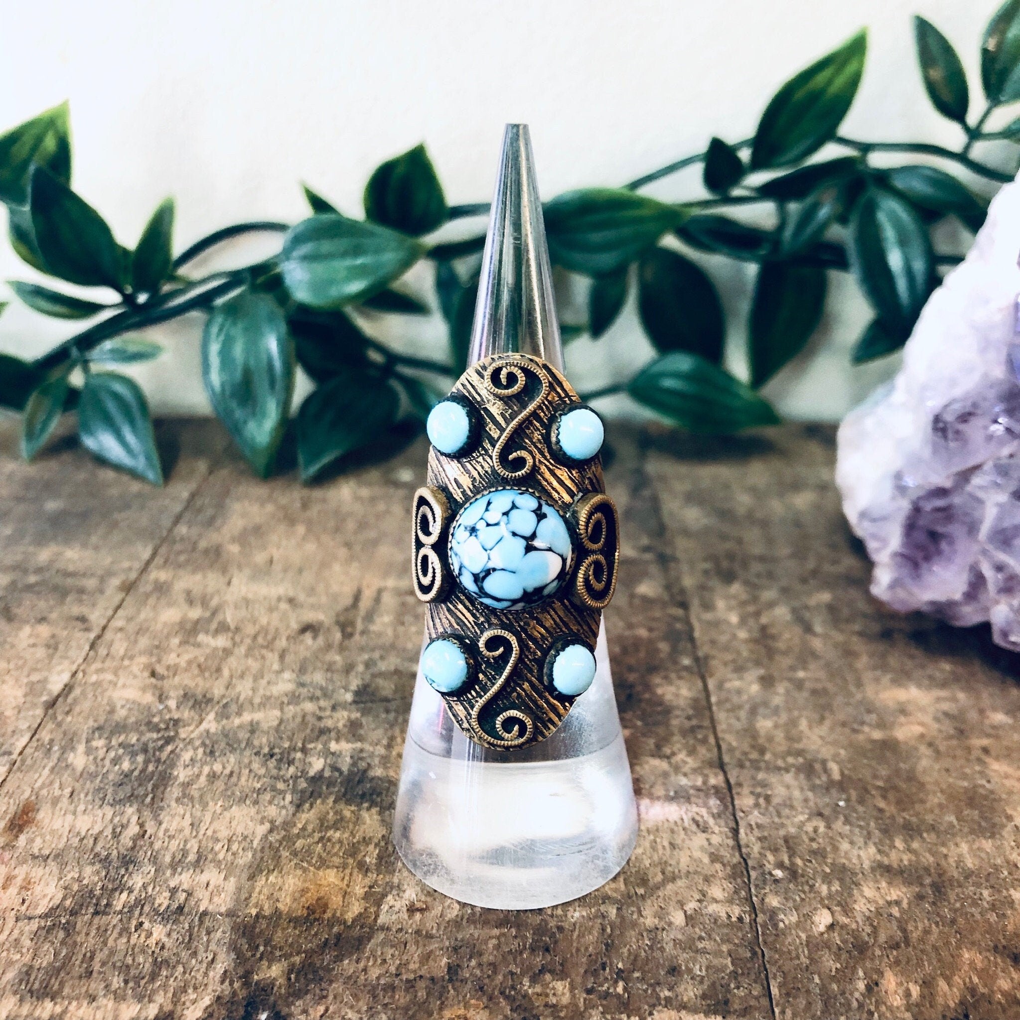 Vintage Ring, Statement Jewelry, Turquoise Jewelry, Brass Ring, Costume Jewelry, Unique Ring, Large Ring, Gold and Blue, Brass Toned Ring,