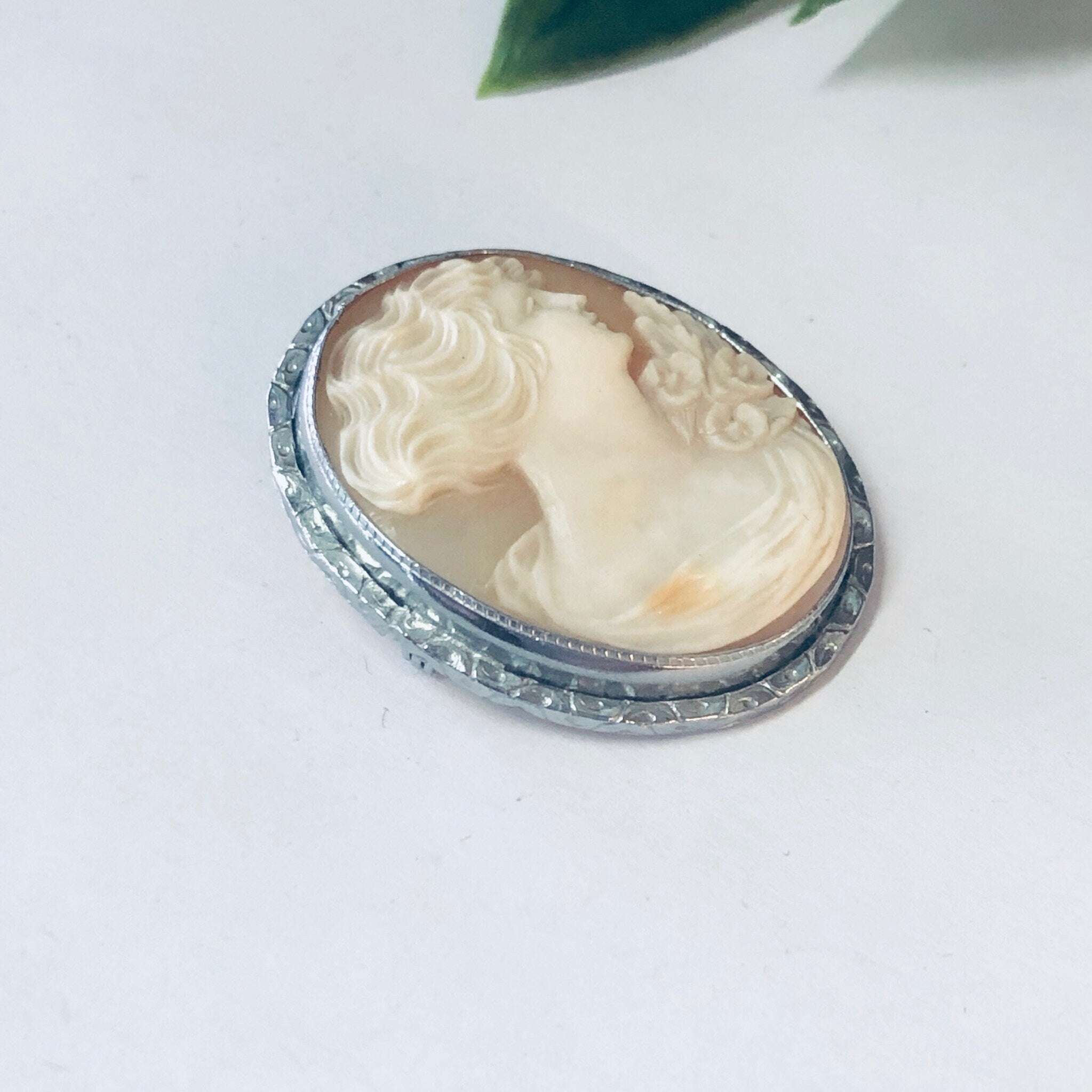 Vintage cameo brooch pin with silver toned setting against a white background
