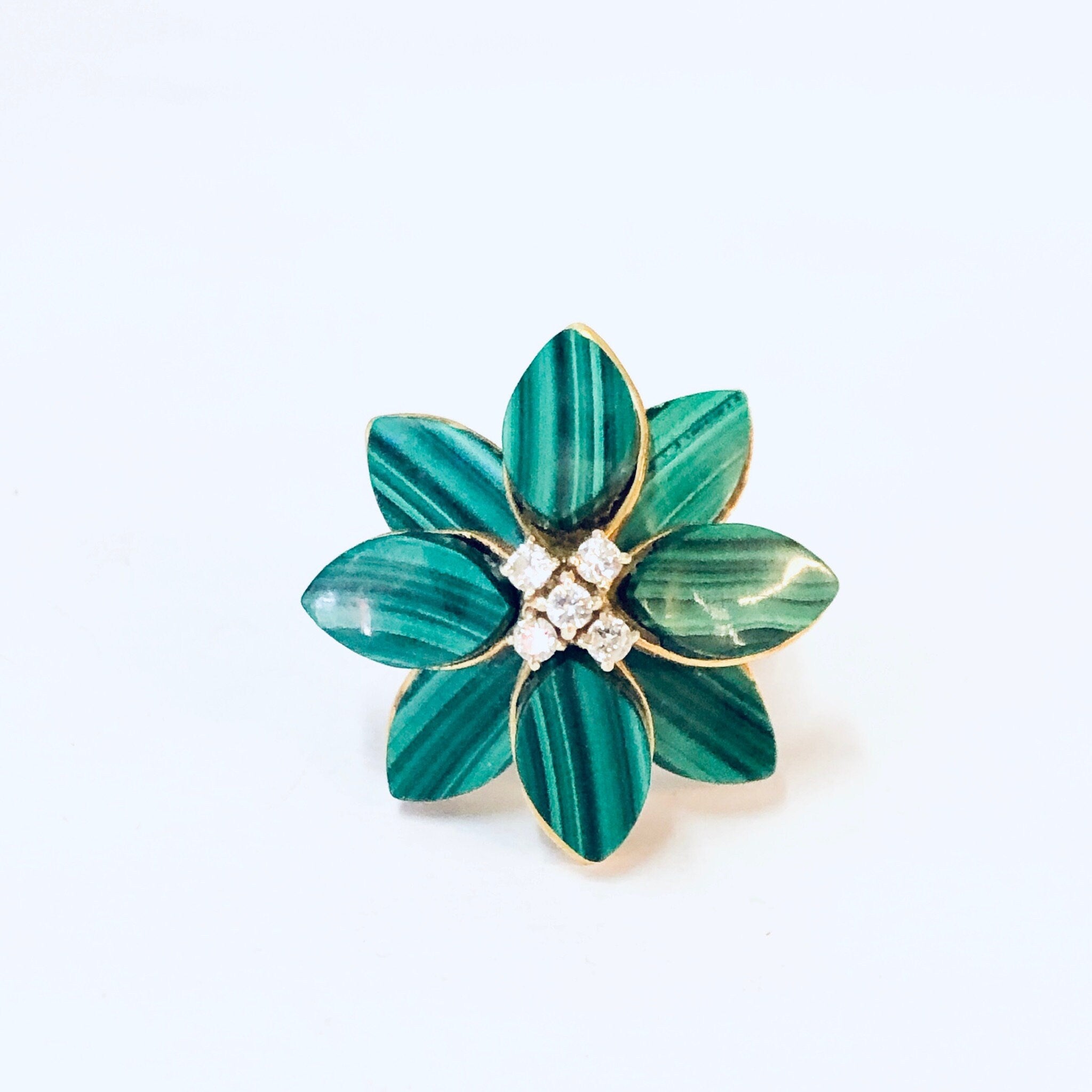 Vintage Ring, Gold Ring, Malachite Ring, 14K Gold Ring, Green Malachite, Diamond Ring, Flower Ring, Malachite Flower, Diamond, Gold, Small
