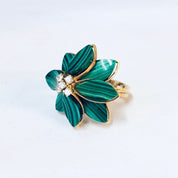 Vintage Ring, Gold Ring, Malachite Ring, 14K Gold Ring, Green Malachite, Diamond Ring, Flower Ring, Malachite Flower, Diamond, Gold, Small