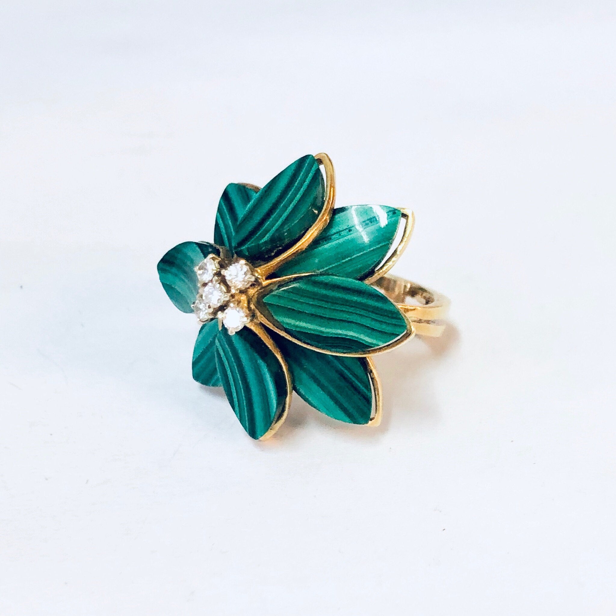 Vintage Ring, Gold Ring, Malachite Ring, 14K Gold Ring, Green Malachite, Diamond Ring, Flower Ring, Malachite Flower, Diamond, Gold, Small