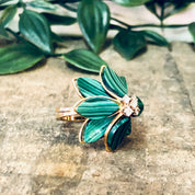 Vintage Ring, Gold Ring, Malachite Ring, 14K Gold Ring, Green Malachite, Diamond Ring, Flower Ring, Malachite Flower, Diamond, Gold, Small