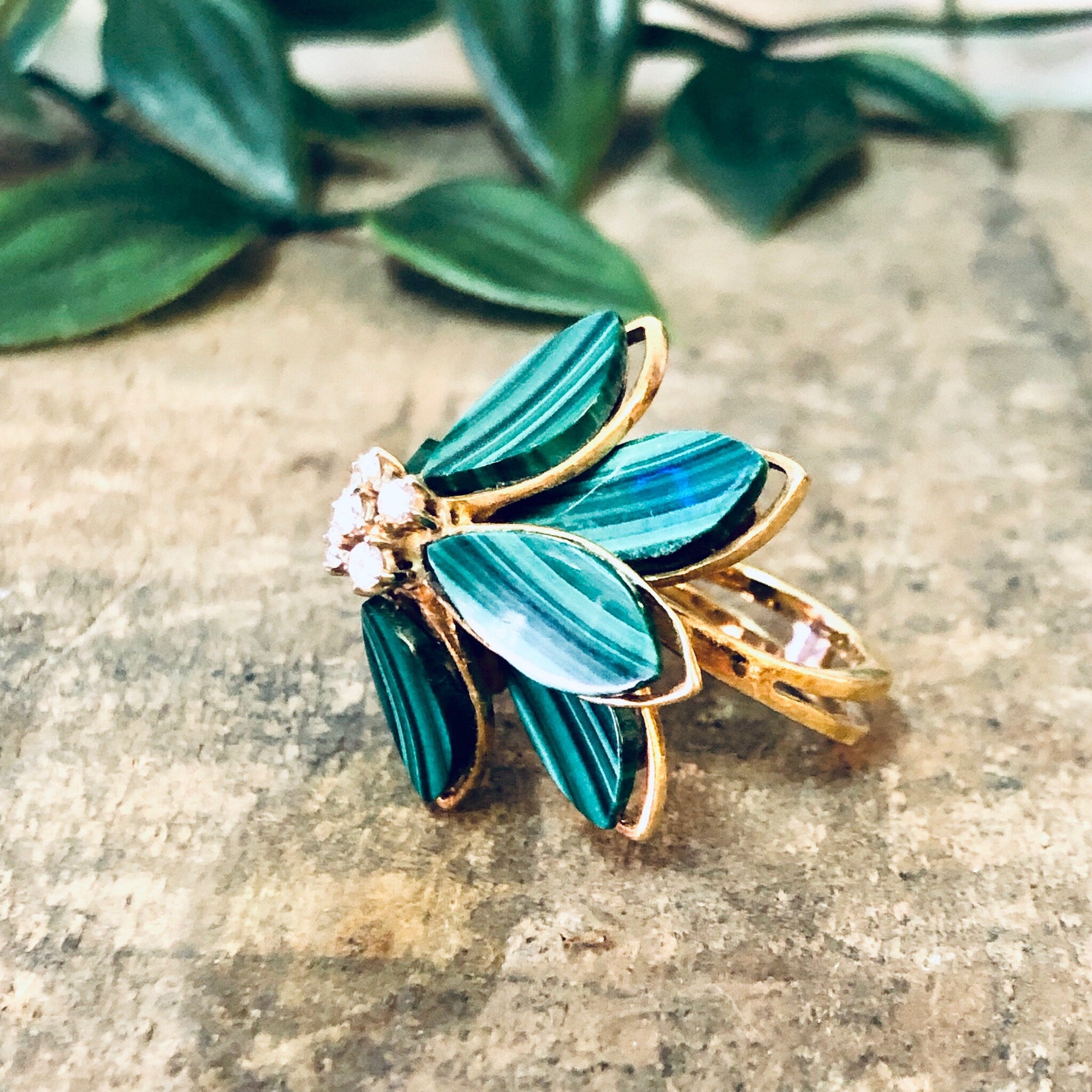 Vintage Ring, Gold Ring, Malachite Ring, 14K Gold Ring, Green Malachite, Diamond Ring, Flower Ring, Malachite Flower, Diamond, Gold, Small