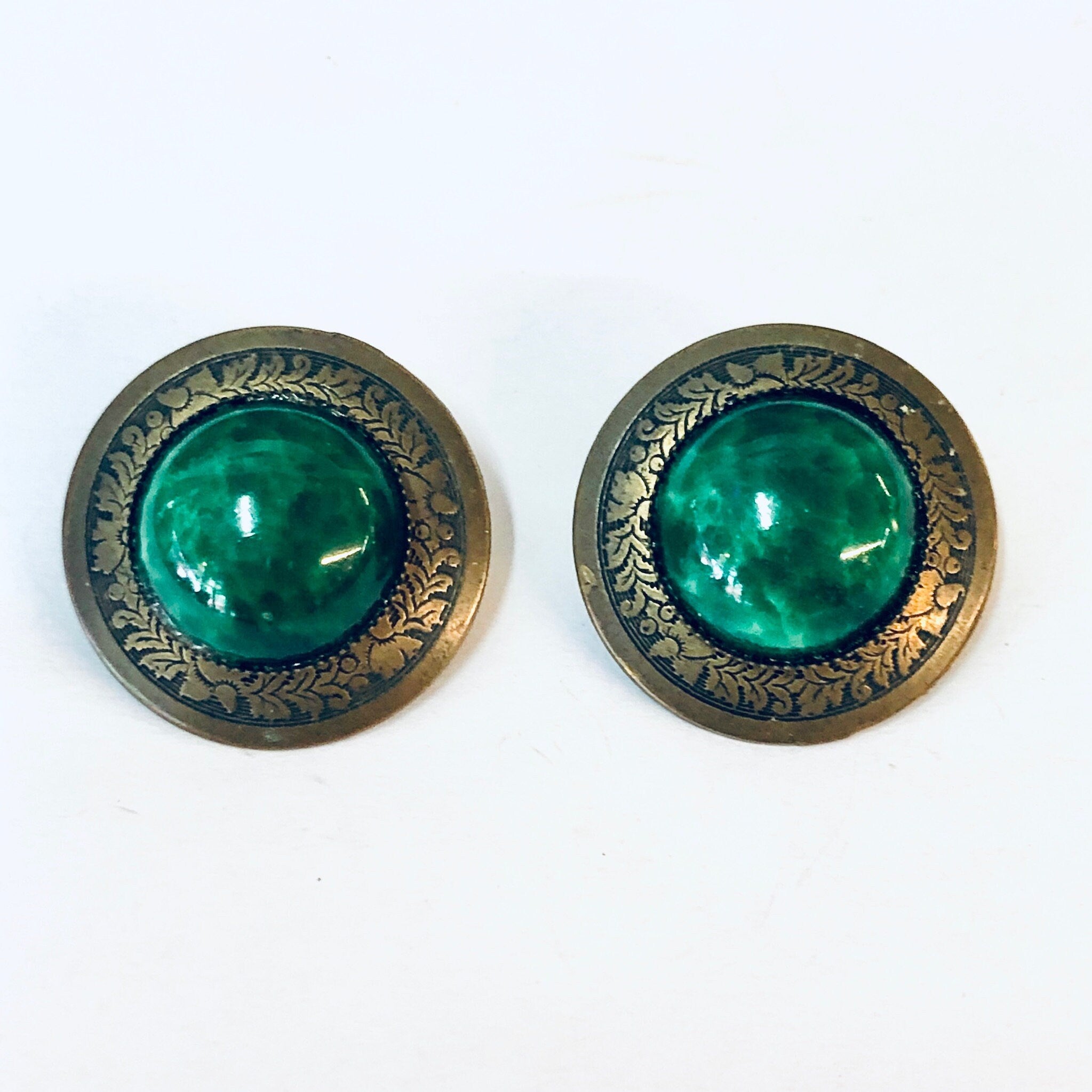 Vintage Earrings, Stud Earrings, Green Jewelry, Round Earrings, Large Earrings, Statement Jewelry, Brass Toned Earrings, Vintage Jewelry,