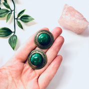 Vintage Earrings, Stud Earrings, Green Jewelry, Round Earrings, Large Earrings, Statement Jewelry, Brass Toned Earrings, Vintage Jewelry,