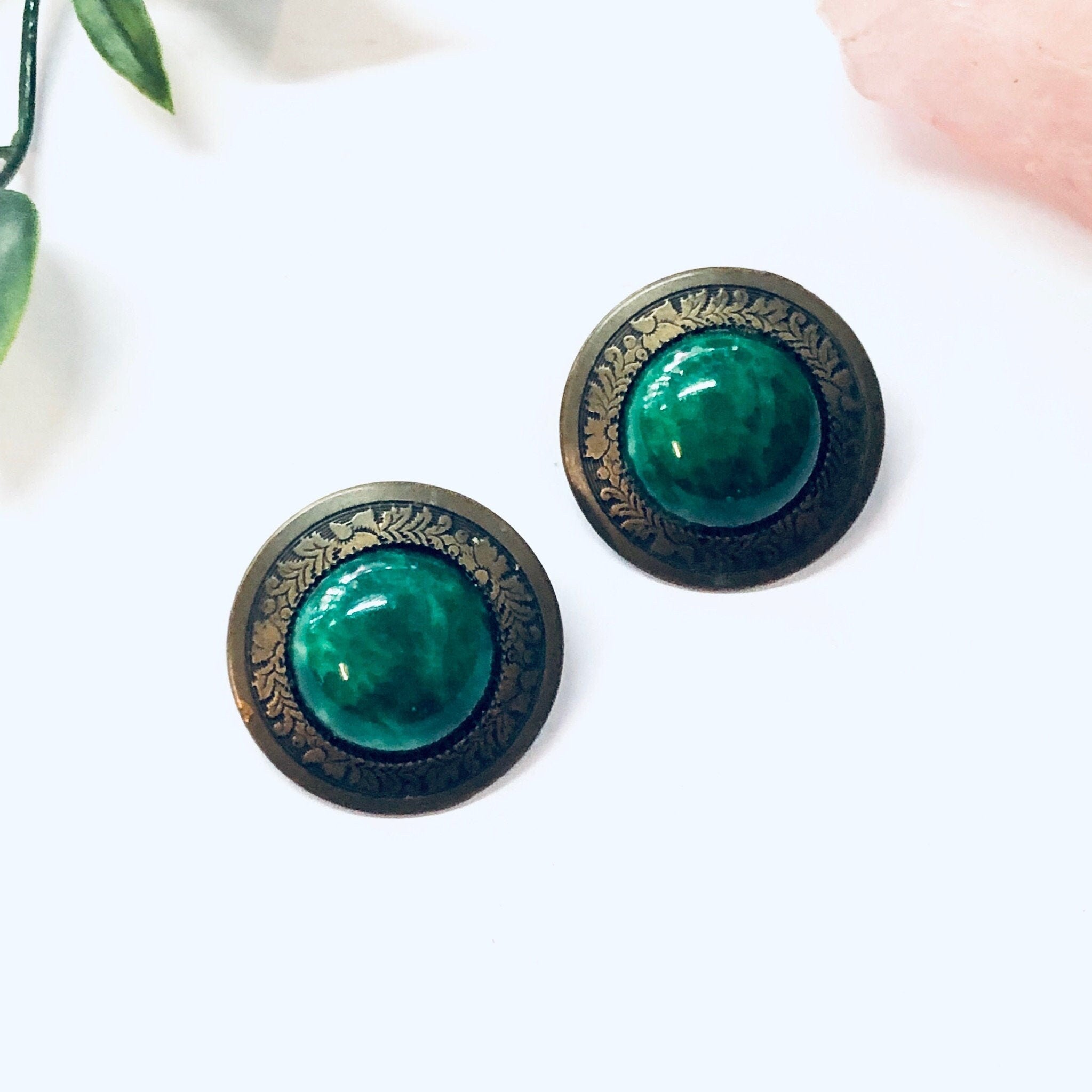 Vintage Earrings, Stud Earrings, Green Jewelry, Round Earrings, Large Earrings, Statement Jewelry, Brass Toned Earrings, Vintage Jewelry,