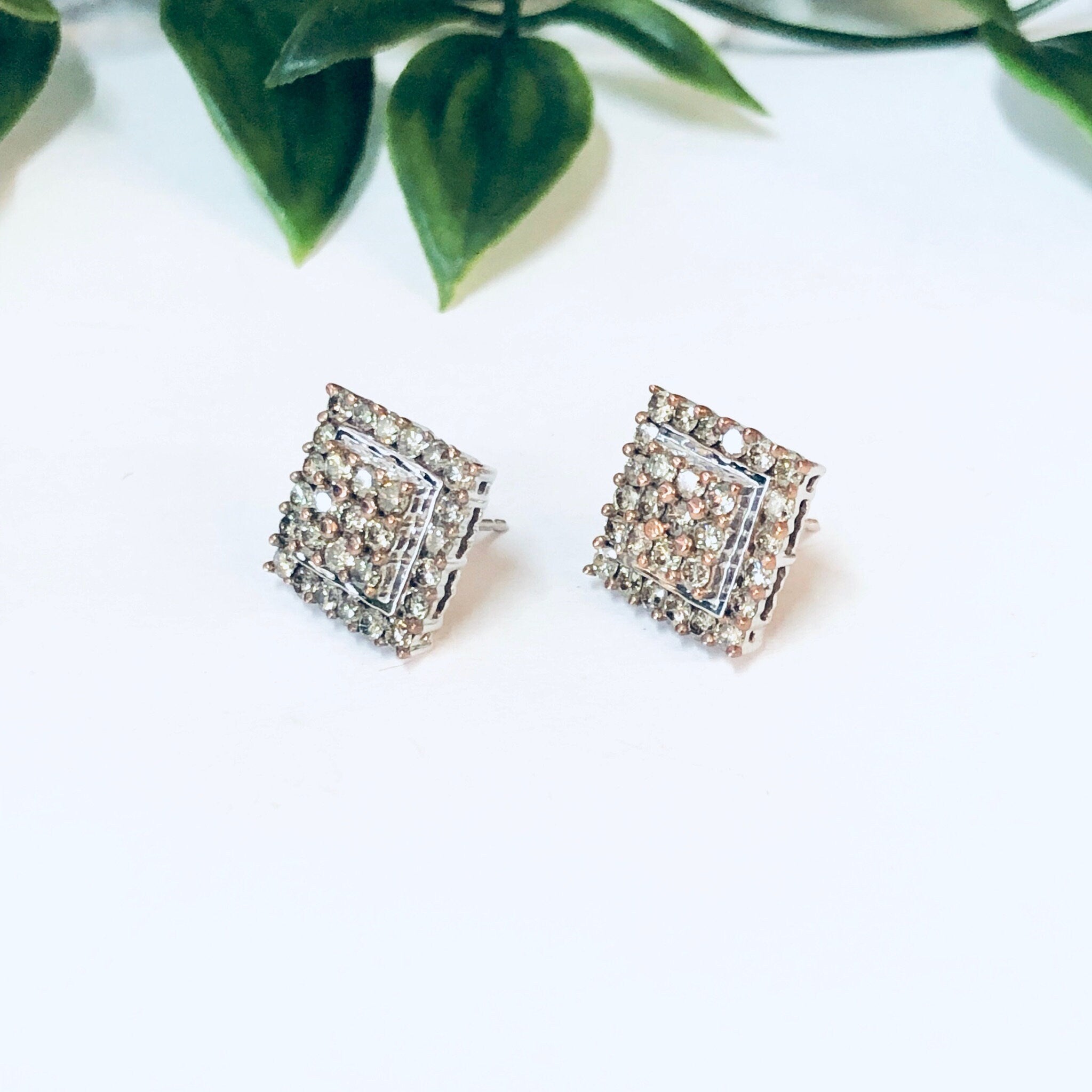 Vintage Earrings, Diamond Earrings, Diamond Cluster Earrings, 10K Gold Earrings, Gold Jewelry, Art Deco style, Diamond Jewelry, Square Studs