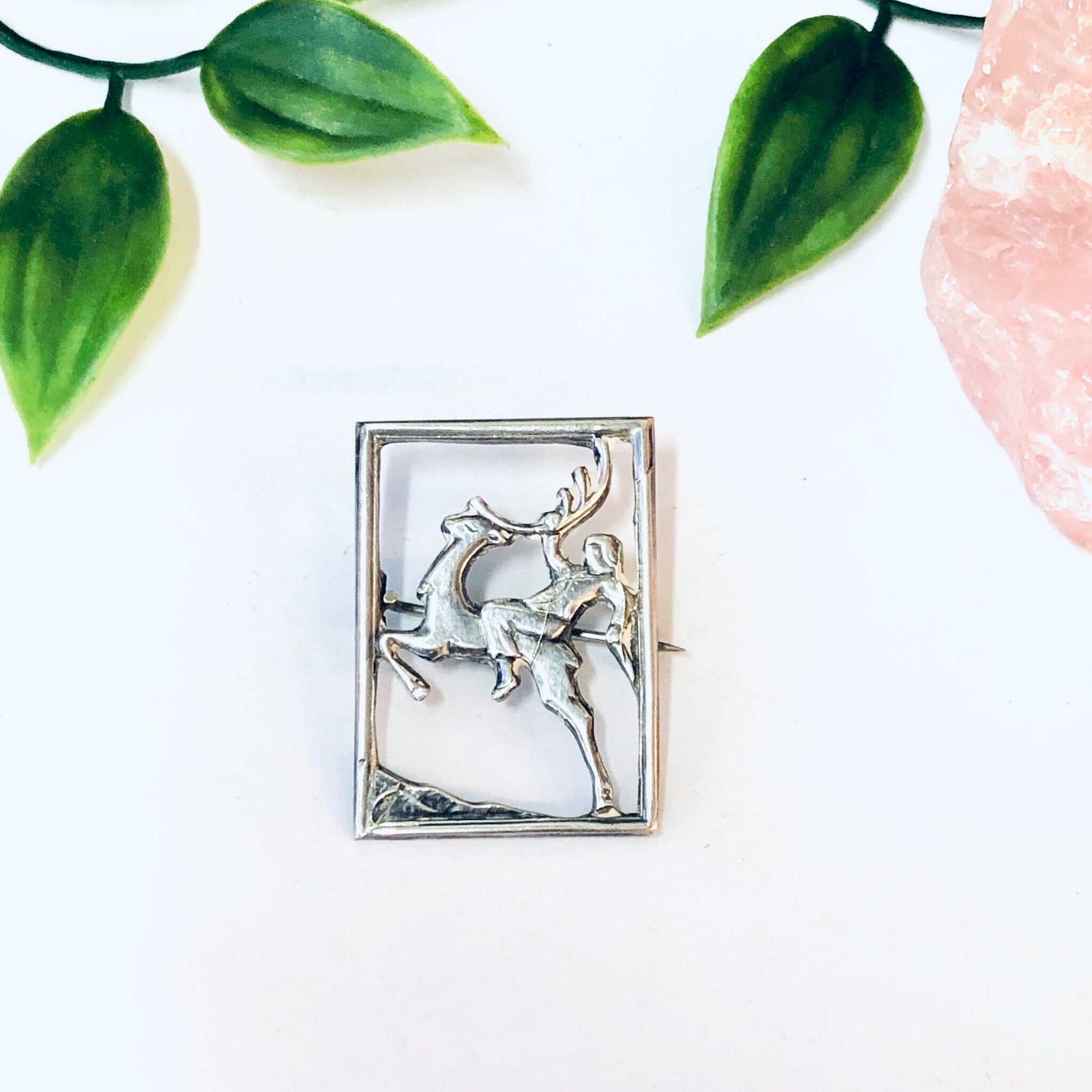 Vintage Brooch, Silver Brooch, Vintage Pin, Cut out Pin, Vintage Jewelry, Silver Jewelry, Deer Pin, Animal Brooch, Man on Deer, Unique Pin