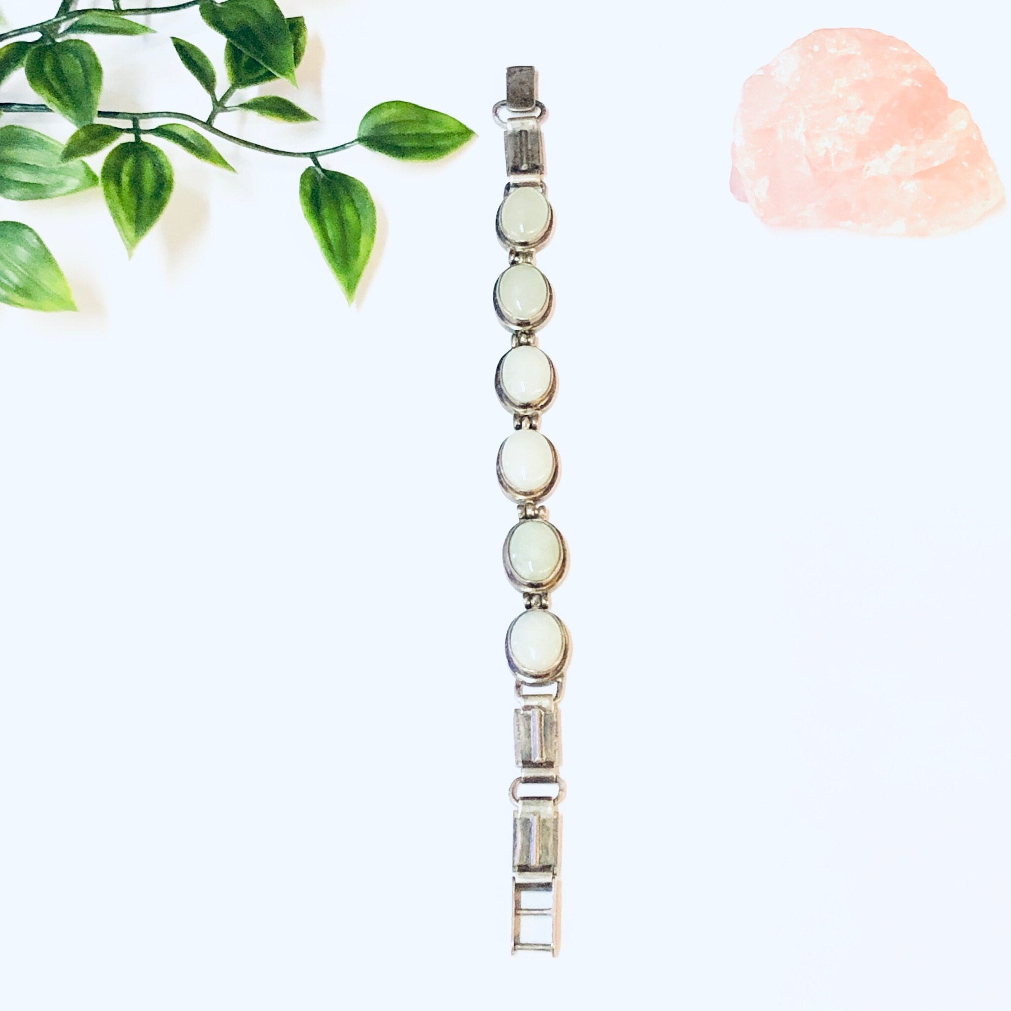 Vintage Bracelet, Link Bracelet, Silver Bracelet, Simple Jewelry, Vintage Jewelry, Light Green Gemstones, Green and Silver, 925 Bracelet