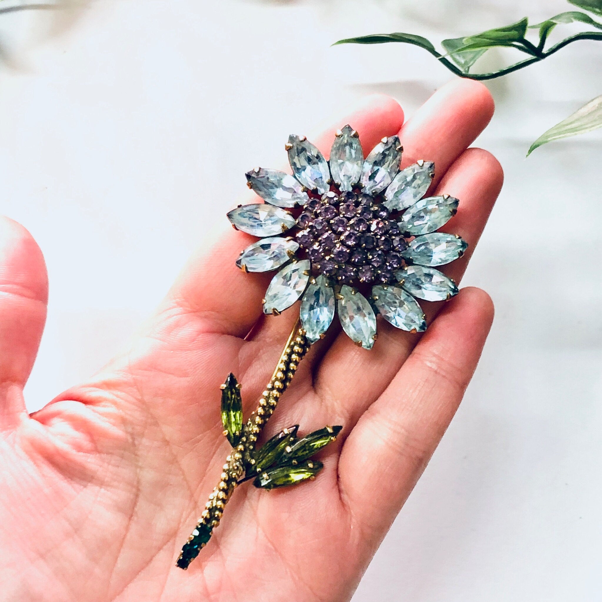 Vintage Brooch, Weiss Brooch, Rhinestone Jewelry, Flower Pin, Large Pin, Daisy Brooch, Vintage Jewelry, Weiss Jewelry, Costume Jewelry, Blue
