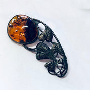 Vintage Pin, Silver Pin, Amber Jewelry, Amber Brooch, Leaf Pin, Amber Gemstone, Vintage Brooch, Vintage Jewelry, Unique Pin, Orange Amber