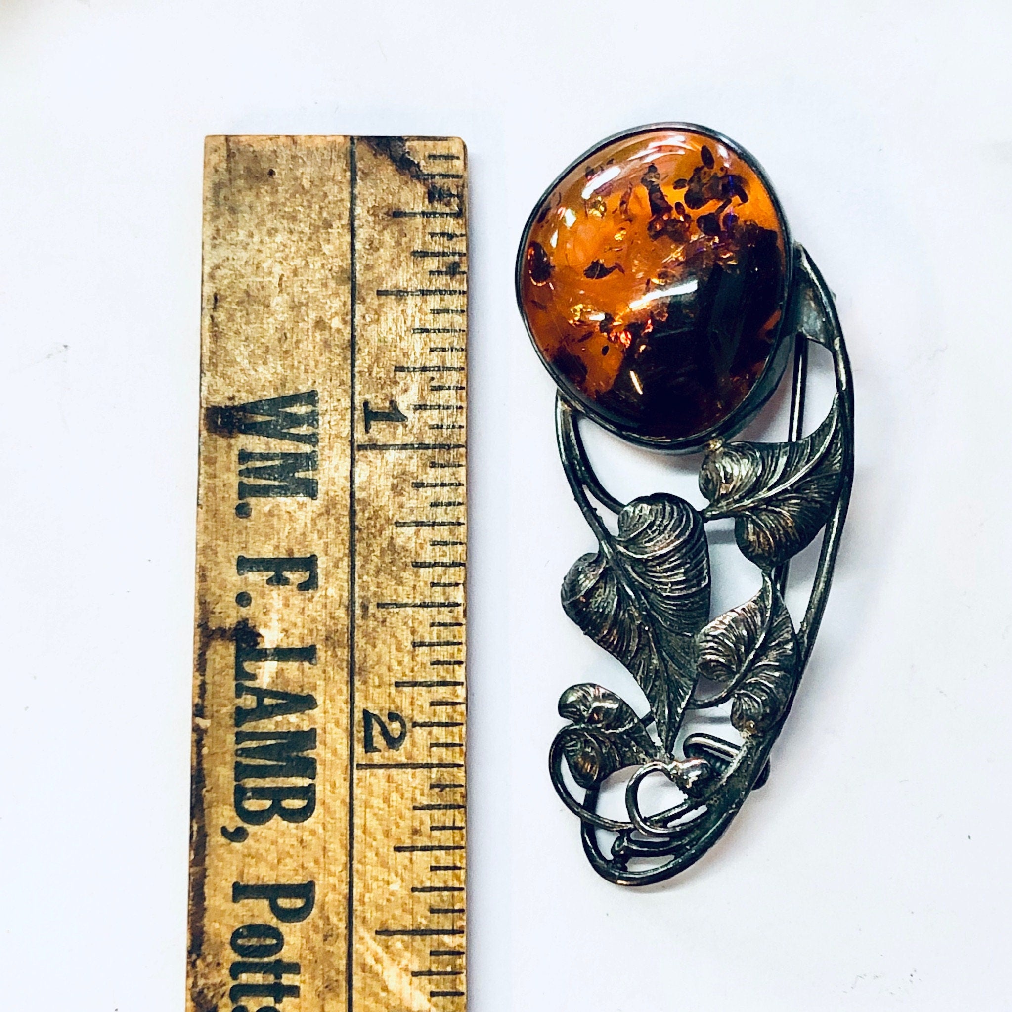 Vintage Pin, Silver Pin, Amber Jewelry, Amber Brooch, Leaf Pin, Amber Gemstone, Vintage Brooch, Vintage Jewelry, Unique Pin, Orange Amber