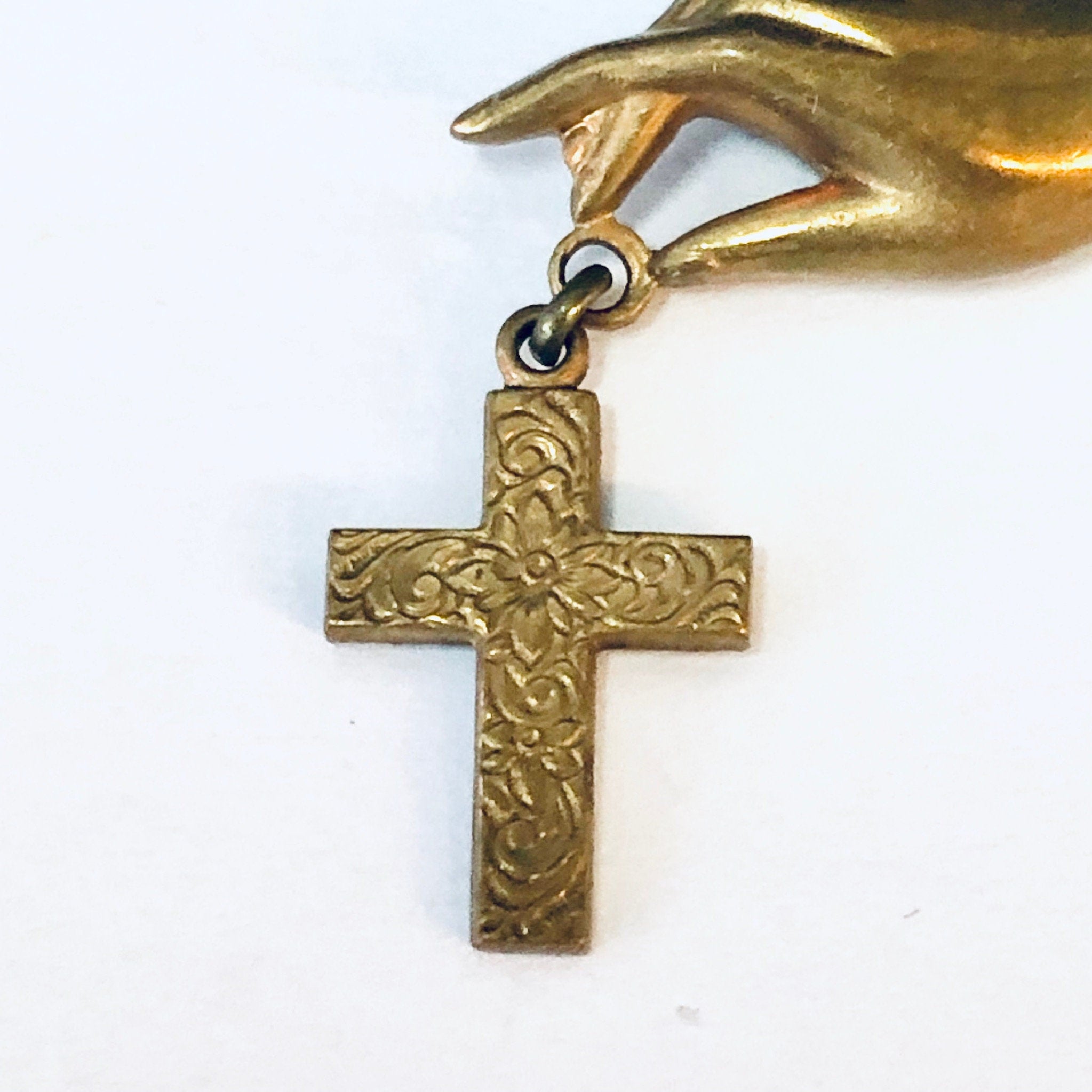 Vintage Brooch, Hand Pin, Vintage Jewelry, Religious Jewelry, Cross Brooch, Gold Toned Pin, Costume Jewelry, Cross Pin, Hand Jewelry, Cross