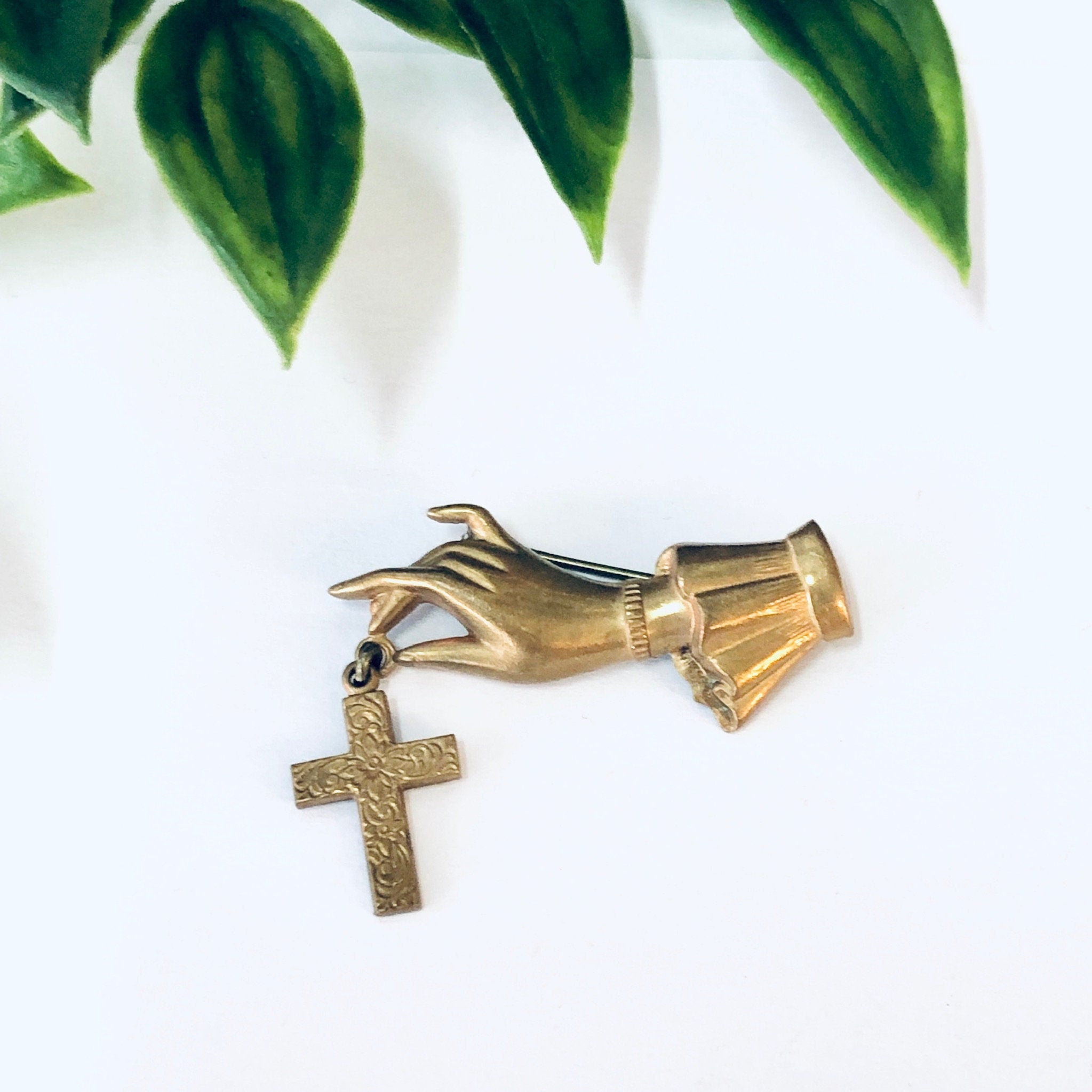 Vintage Brooch, Hand Pin, Vintage Jewelry, Religious Jewelry, Cross Brooch, Gold Toned Pin, Costume Jewelry, Cross Pin, Hand Jewelry, Cross