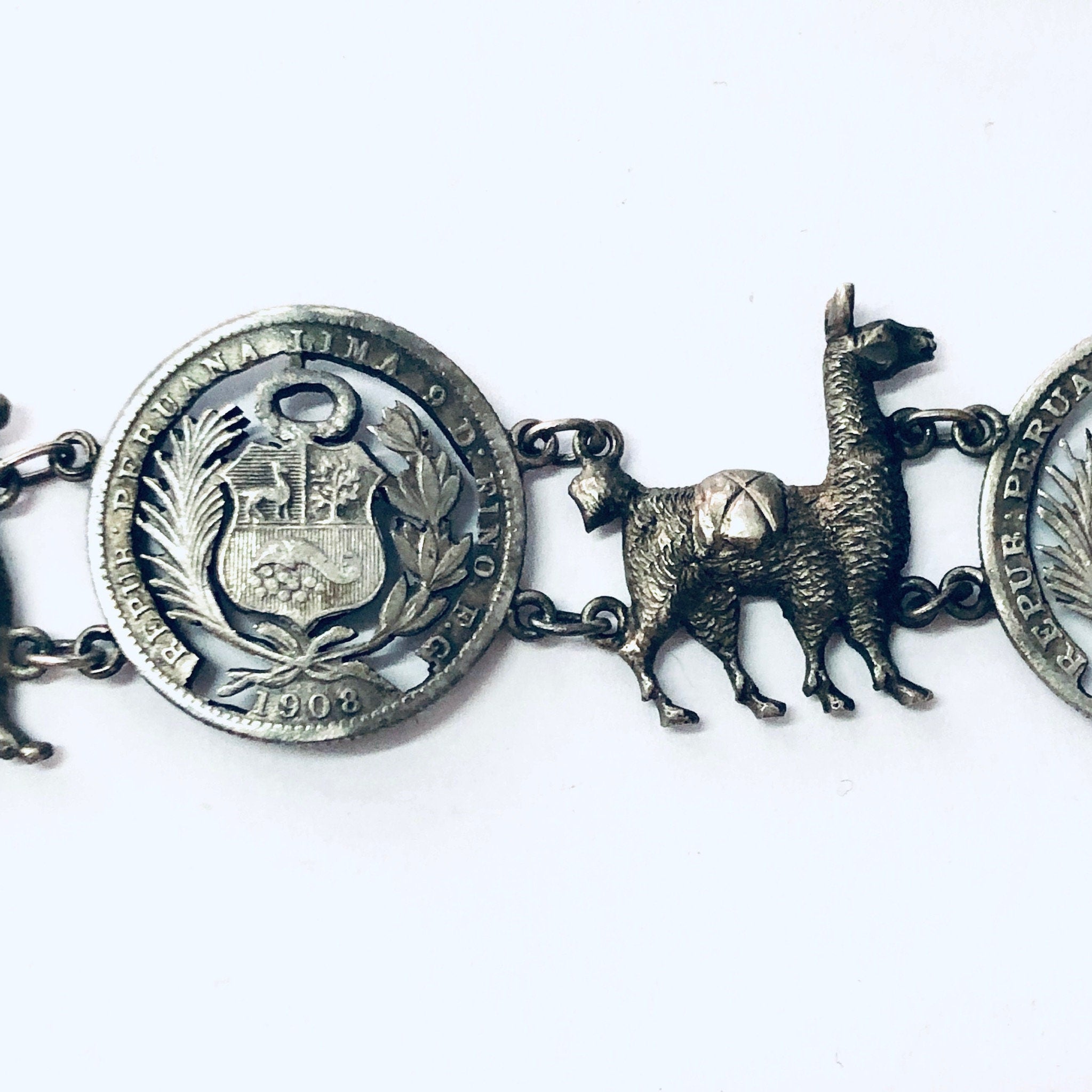 Vintage Bracelet, Repub Peruana Lima, Coin Bracelet, Llama Bracelet, Alpaca Jewelry, Peruvian Coin Bracelet, Vintage Jewelry, Unique Jewelry