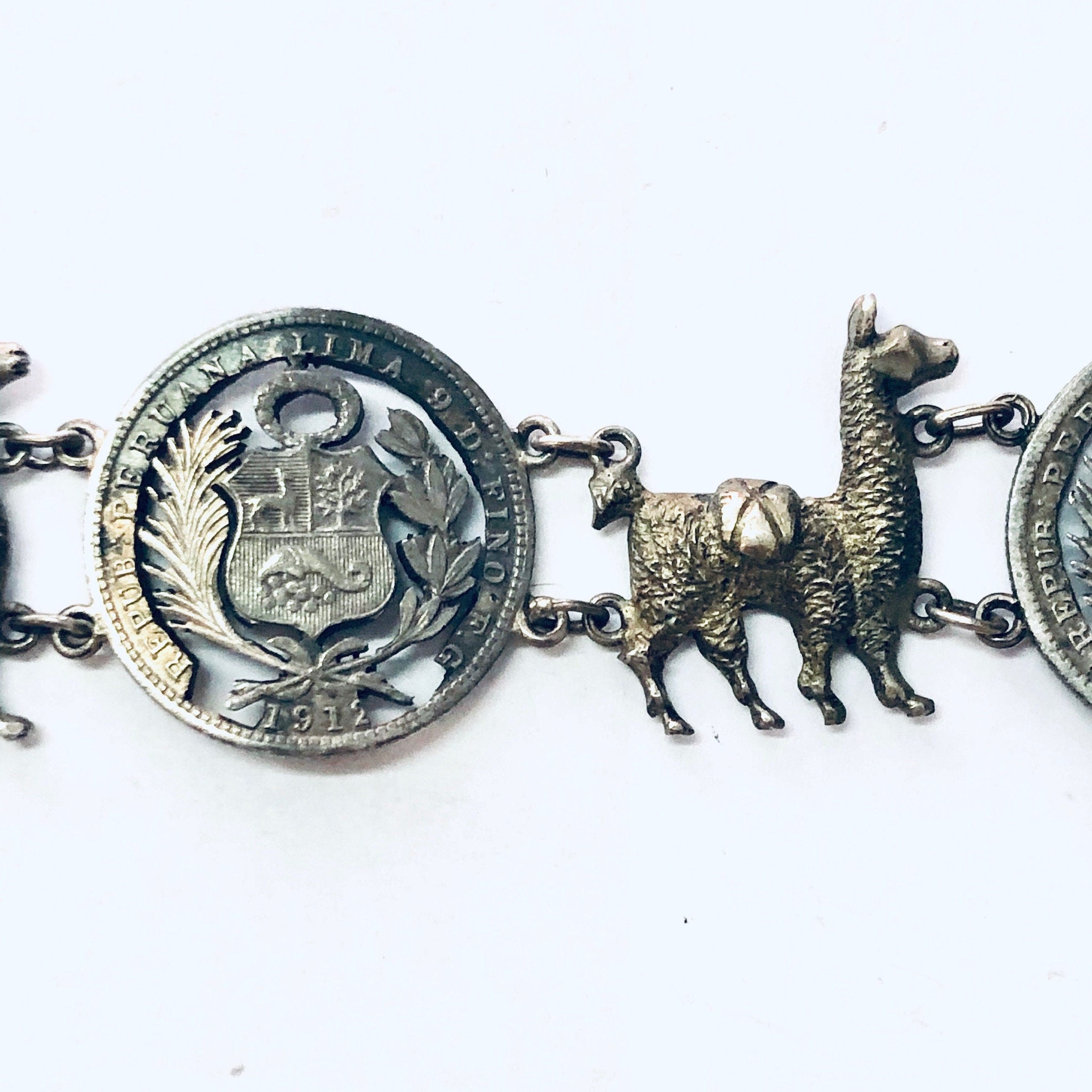 Vintage Bracelet, Repub Peruana Lima, Coin Bracelet, Llama Bracelet, Alpaca Jewelry, Peruvian Coin Bracelet, Vintage Jewelry, Unique Jewelry