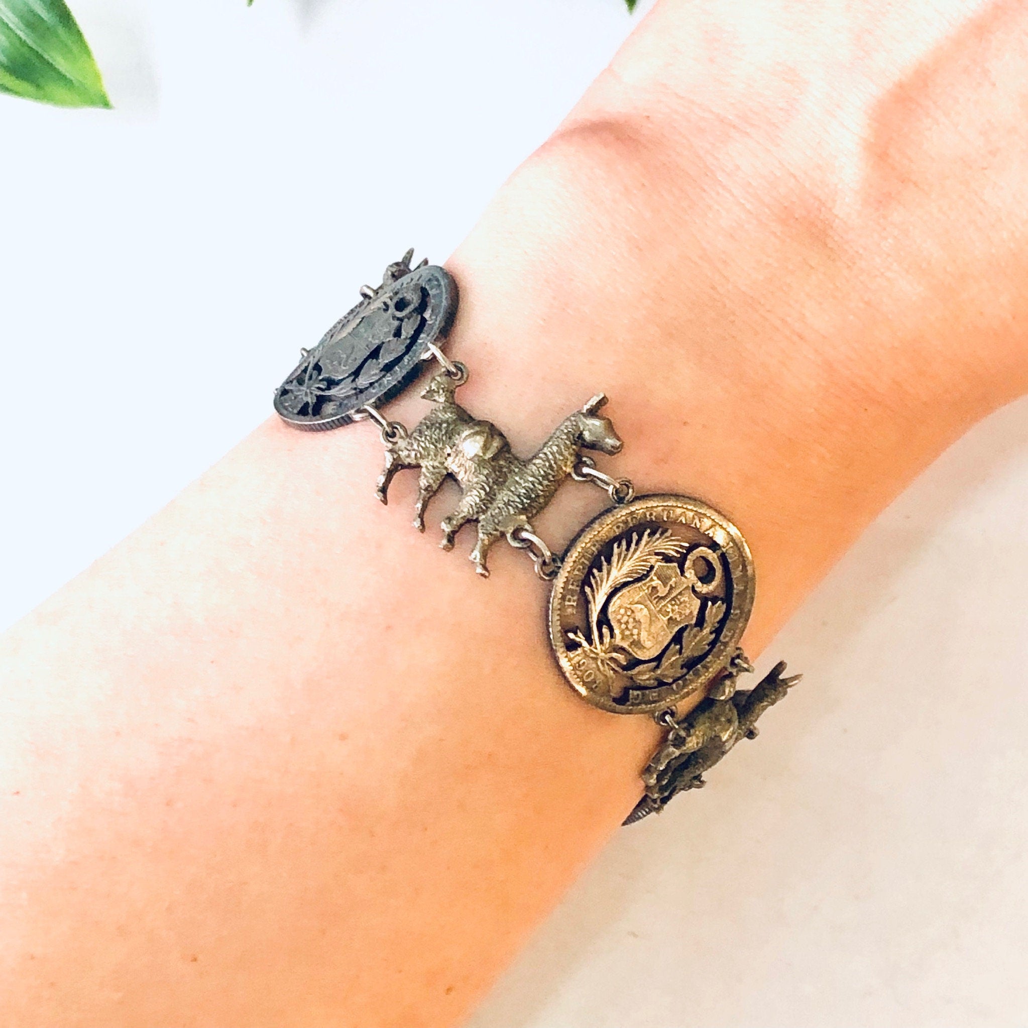 Vintage Bracelet, Repub Peruana Lima, Coin Bracelet, Llama Bracelet, Alpaca Jewelry, Peruvian Coin Bracelet, Vintage Jewelry, Unique Jewelry