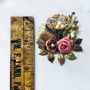 Vintage Brooch, Floral Brooch, Costume Jewelry, Vintage Jewelry, Gold Toned Pin, Pink Flowers, Rose Pin, Leaf Pin, Floral Design, Unique Pin
