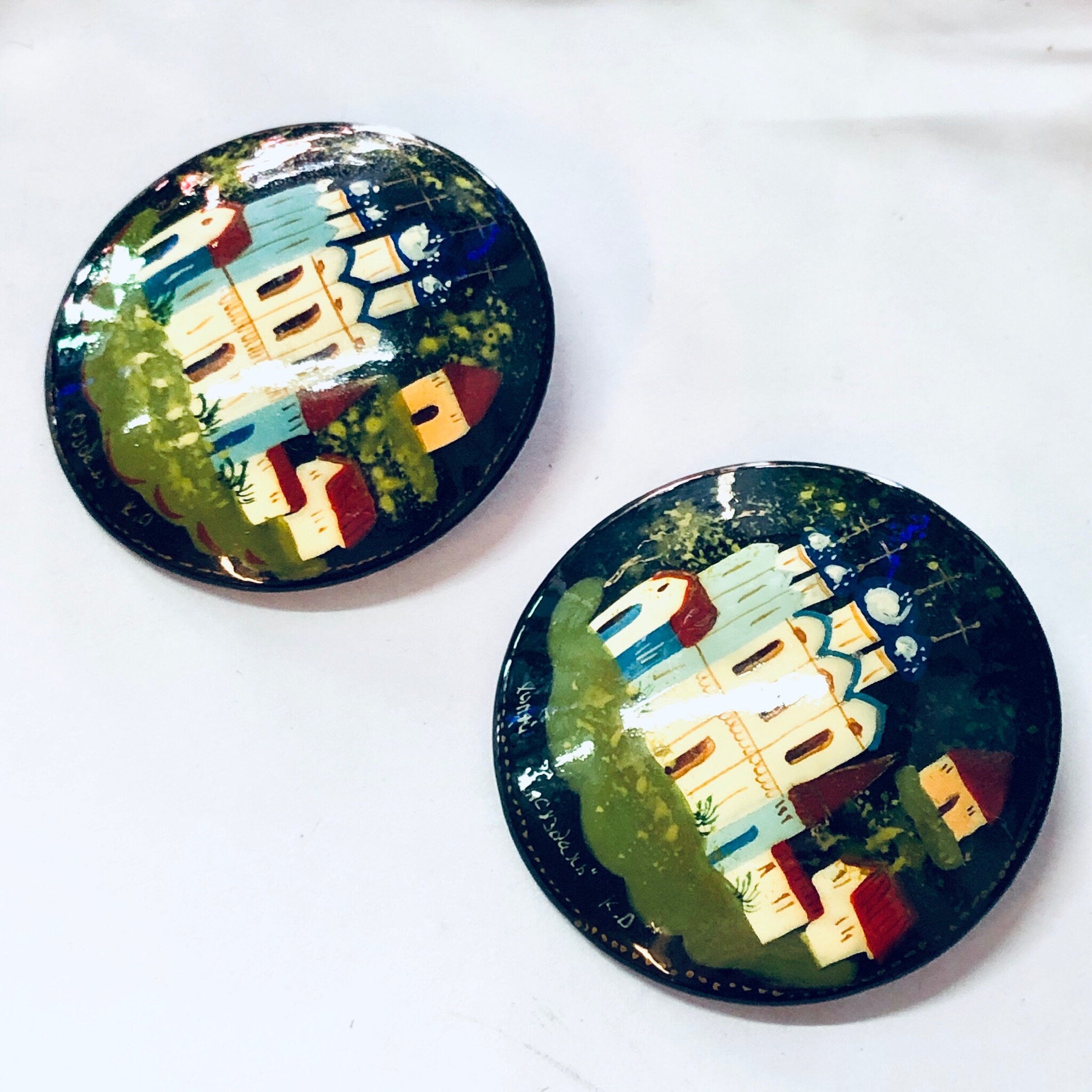 Vintage Brooch, Russian Lacquer Pin, Hand Painted Brooch, Vintage Pin, Religious Jewelry, Black Pin, Church Pin, Colorful Jewelry, Blue Pin