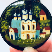 Vintage Brooch, Russian Lacquer Pin, Hand Painted Brooch, Vintage Pin, Religious Jewelry, Black Pin, Church Pin, Colorful Jewelry, Blue Pin