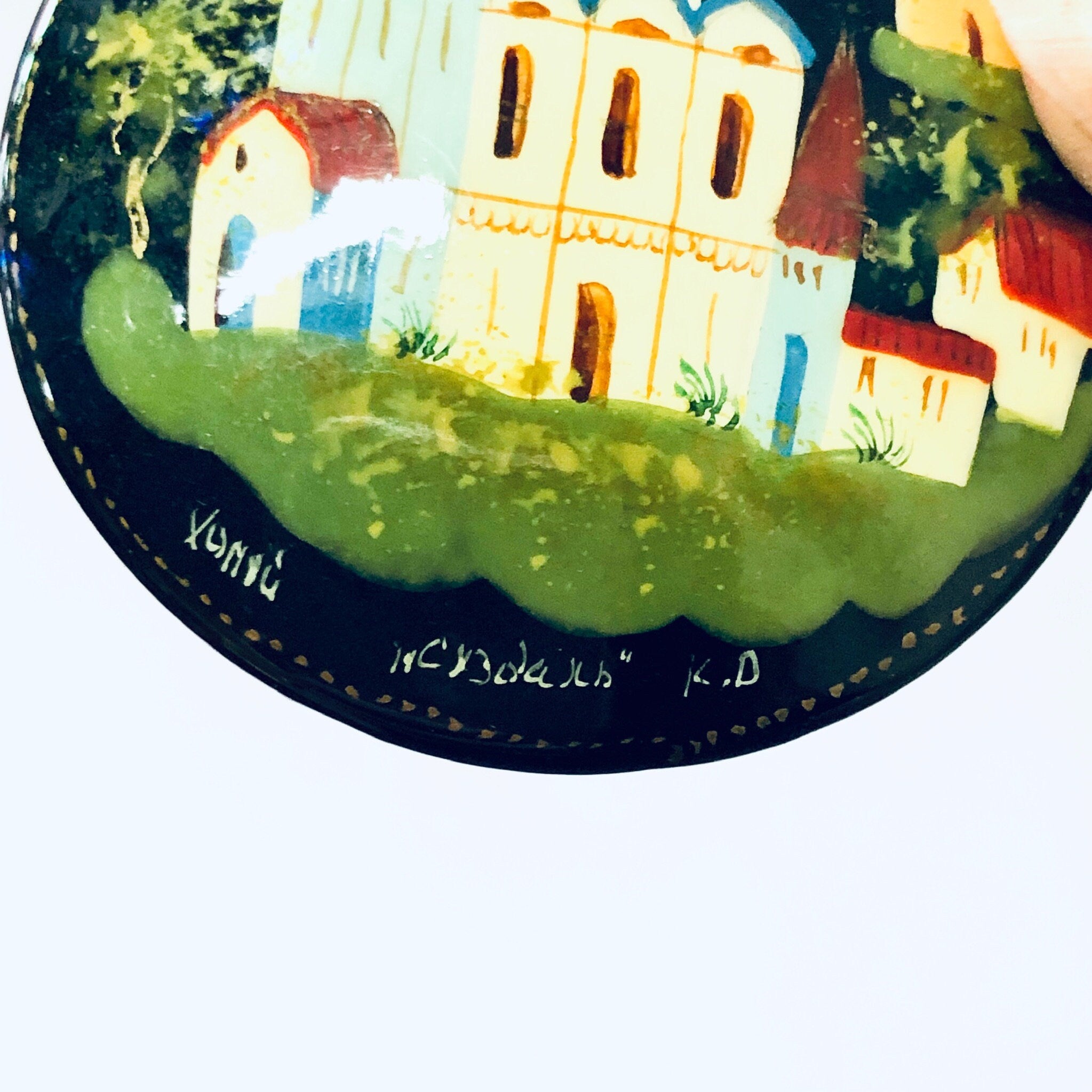 Vintage Brooch, Russian Lacquer Pin, Hand Painted Brooch, Vintage Pin, Religious Jewelry, Black Pin, Church Pin, Colorful Jewelry, Blue Pin