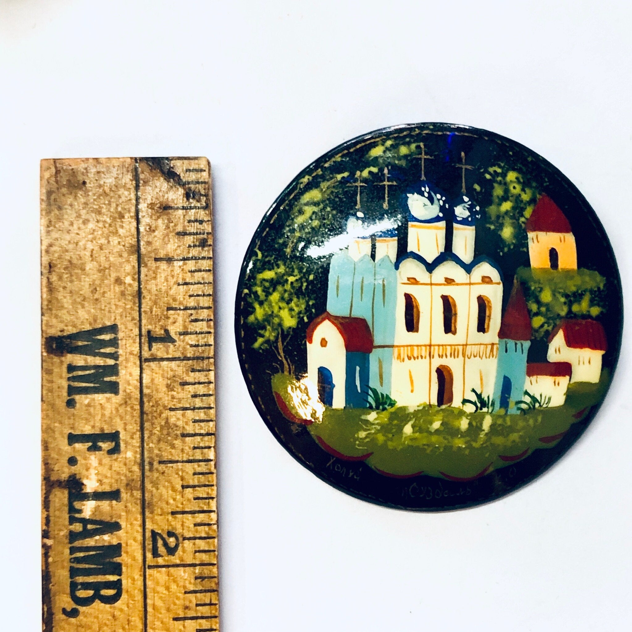 Vintage Brooch, Russian Lacquer Pin, Hand Painted Brooch, Vintage Pin, Religious Jewelry, Black Pin, Church Pin, Colorful Jewelry, Blue Pin
